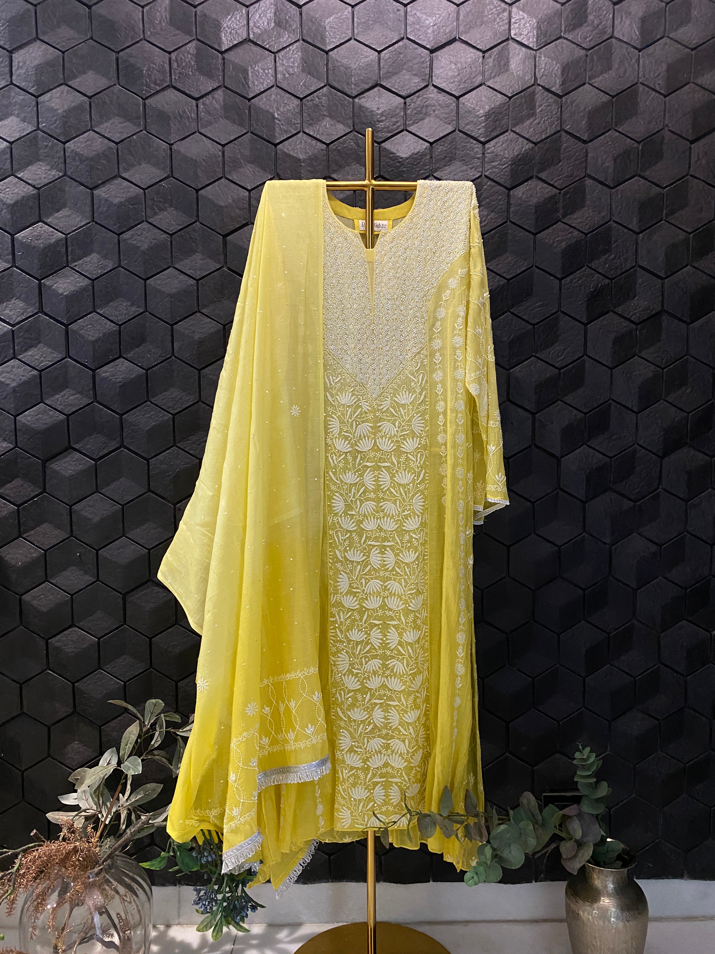 Yellow  Mul Chanderi Chikankari Anarkali