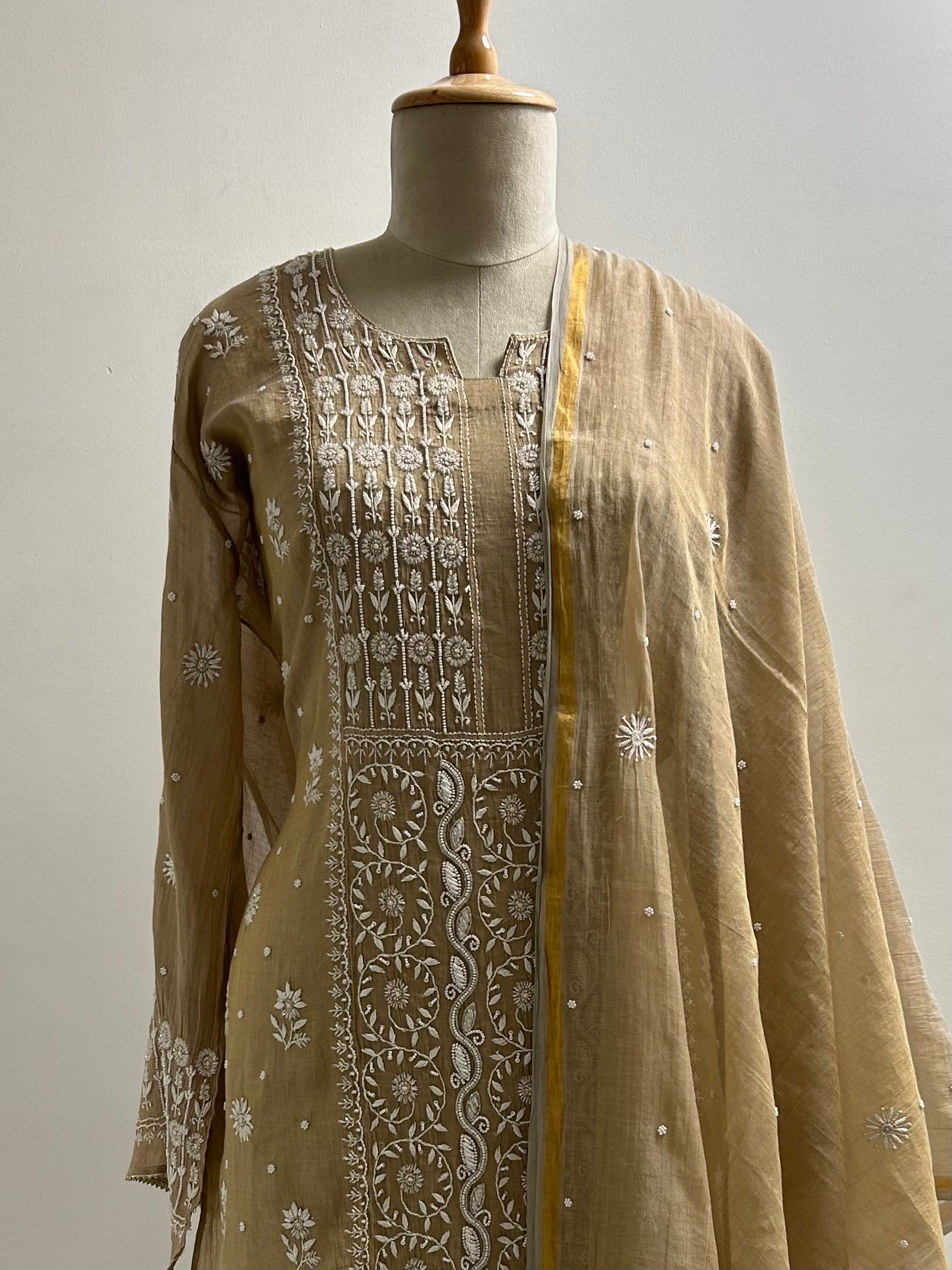 Brown Tissue Chikankari Kurta set