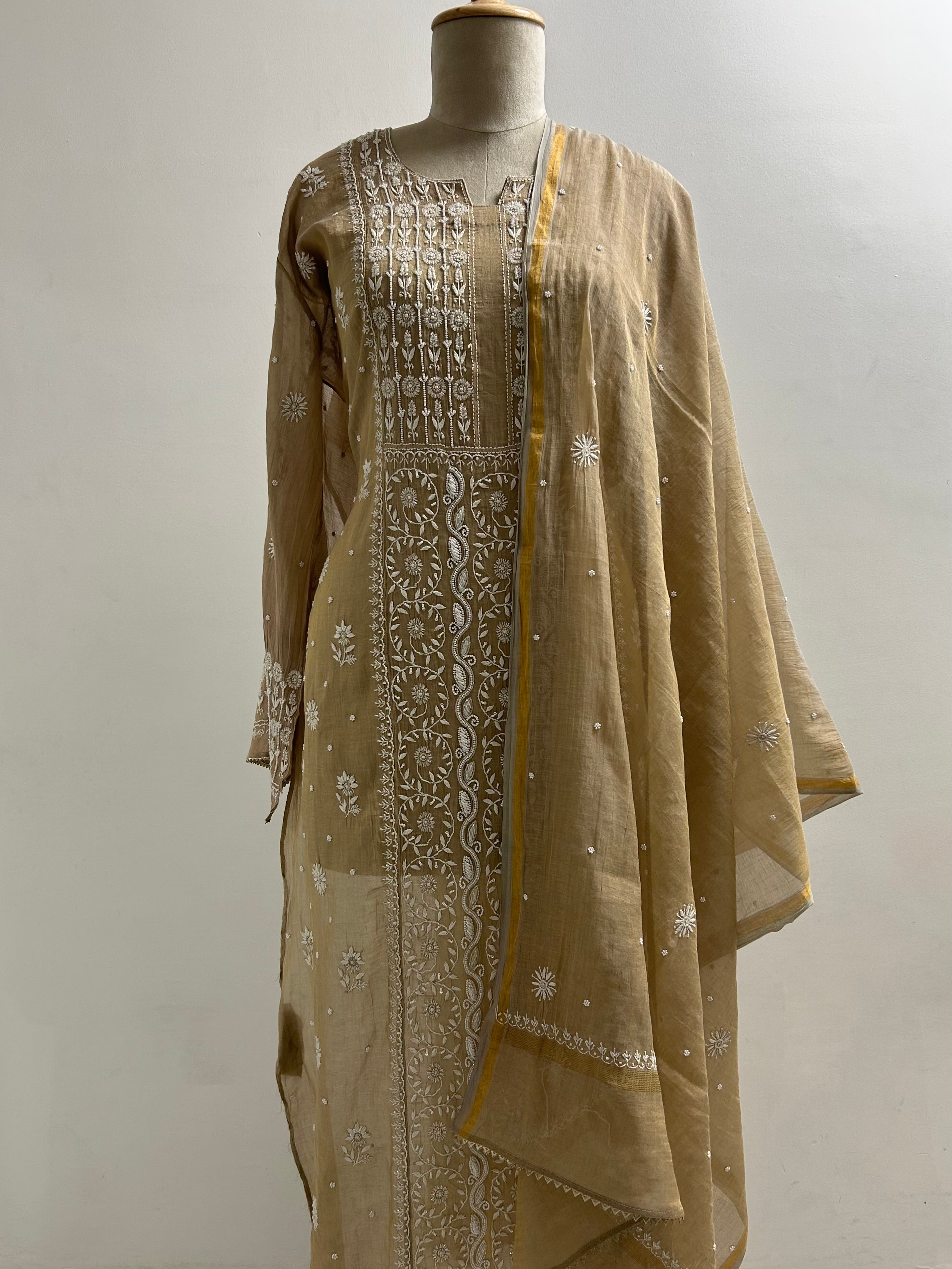 Brown Tissue Chikankari Kurta set