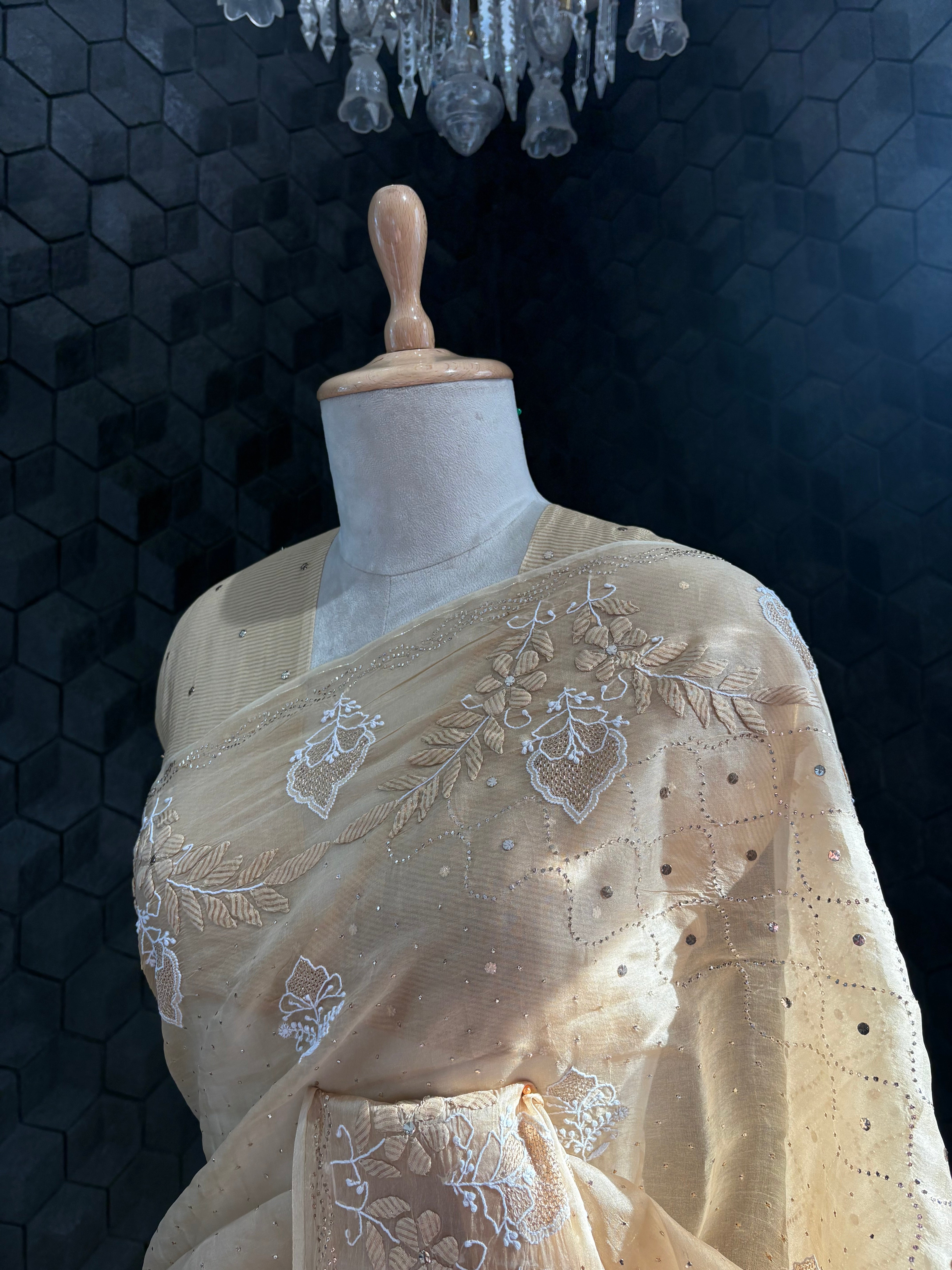 Gold Organza Chikankari and Mukaish Work