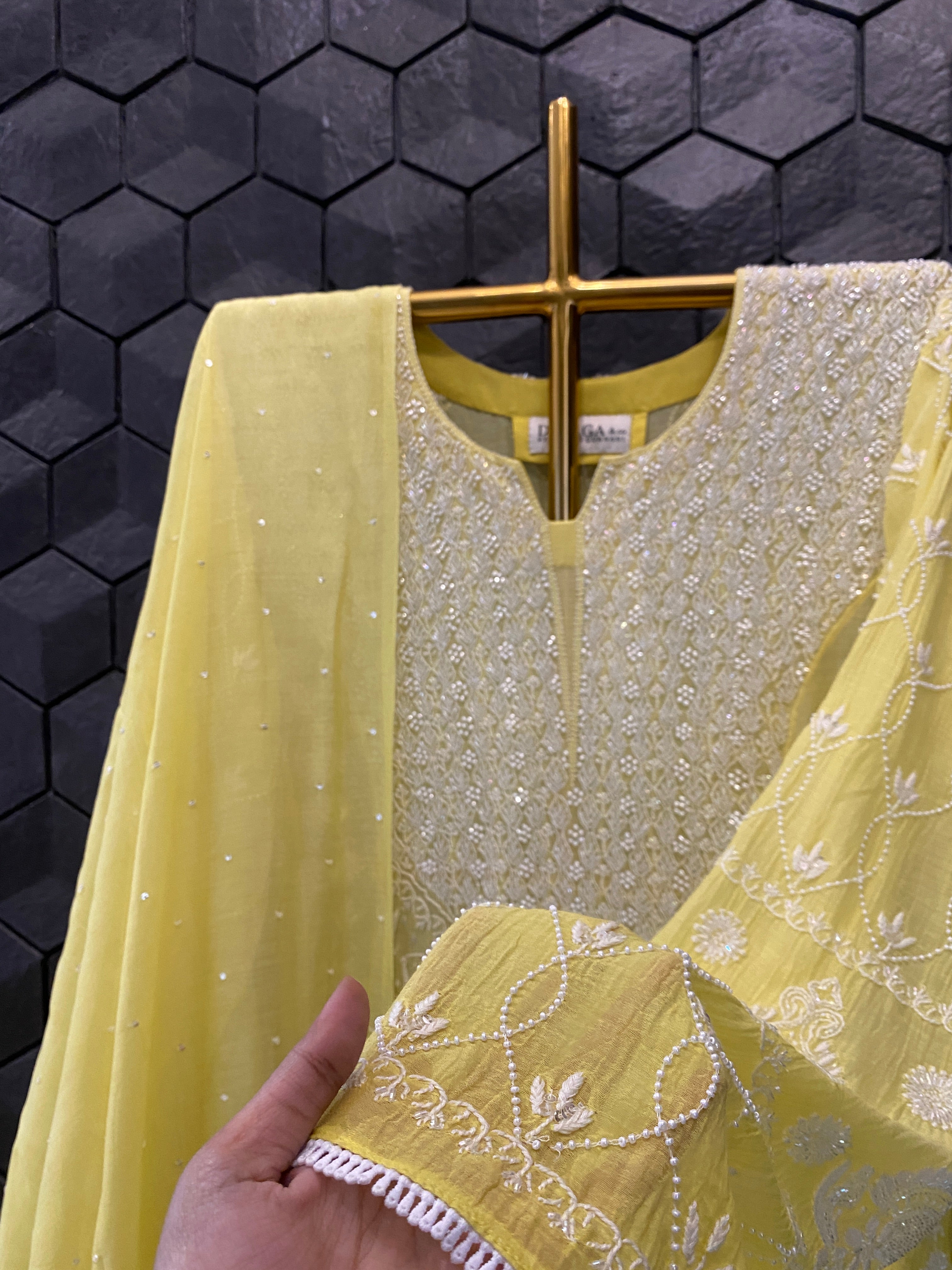 Yellow  Mul Chanderi Chikankari Anarkali