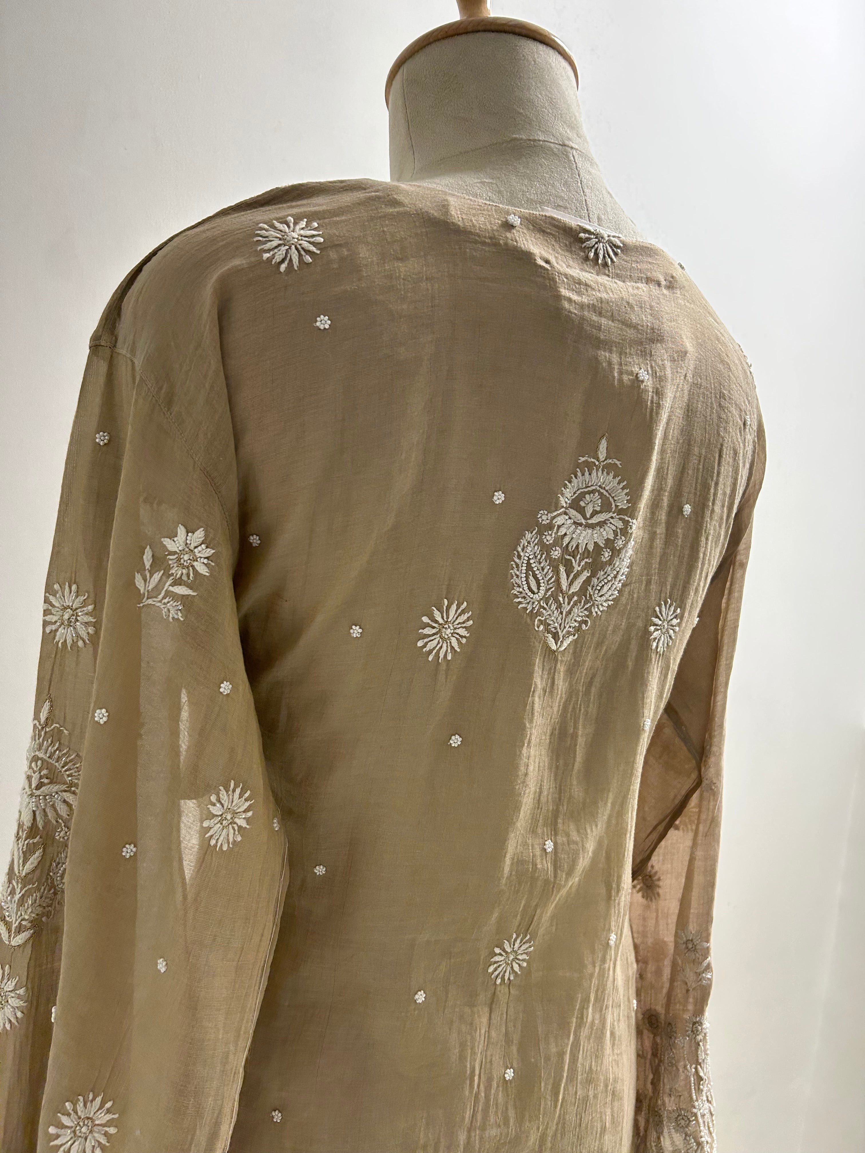 Brown Tissue Chikankari Kurta set