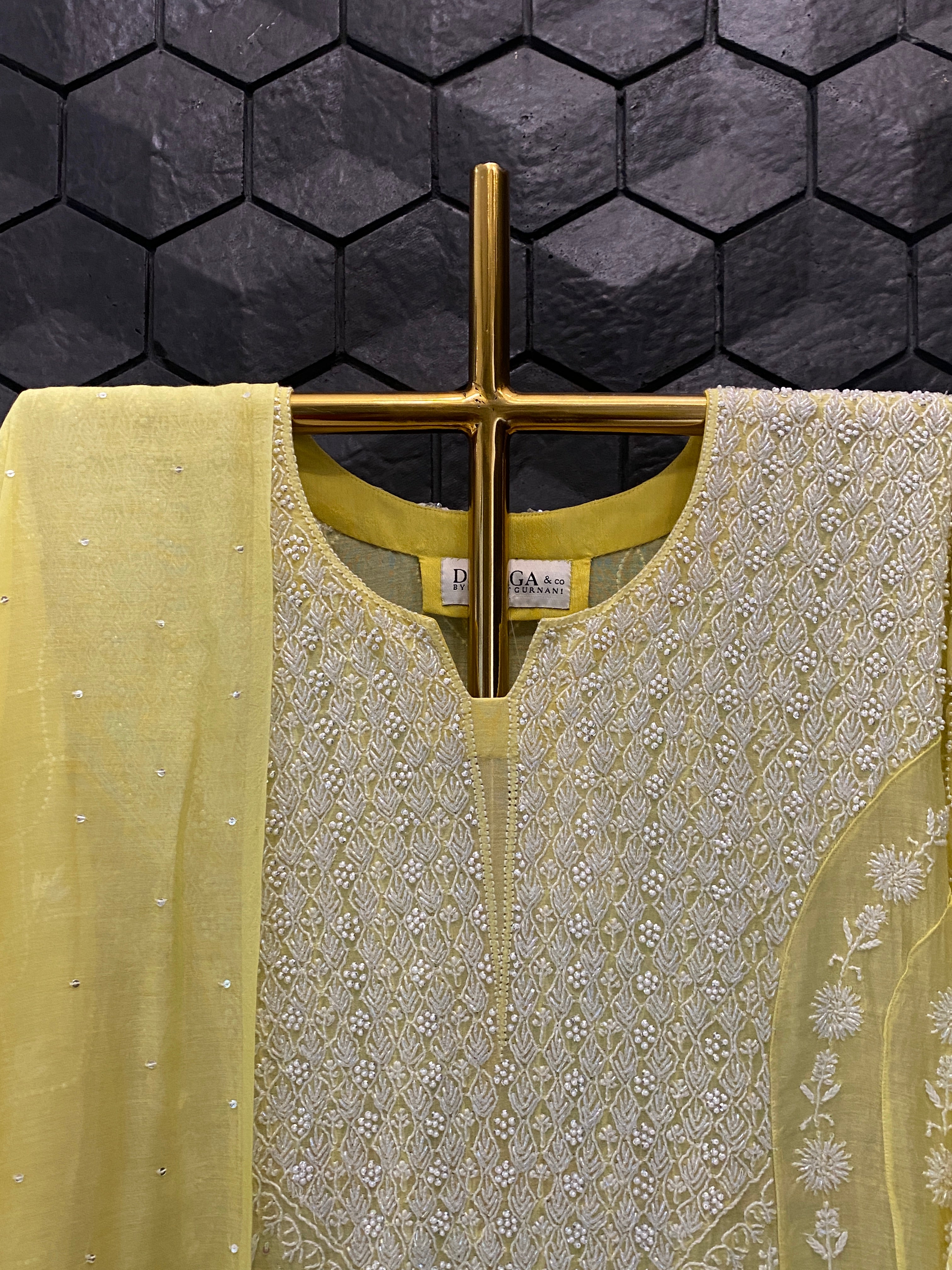 Yellow  Mul Chanderi Chikankari Anarkali