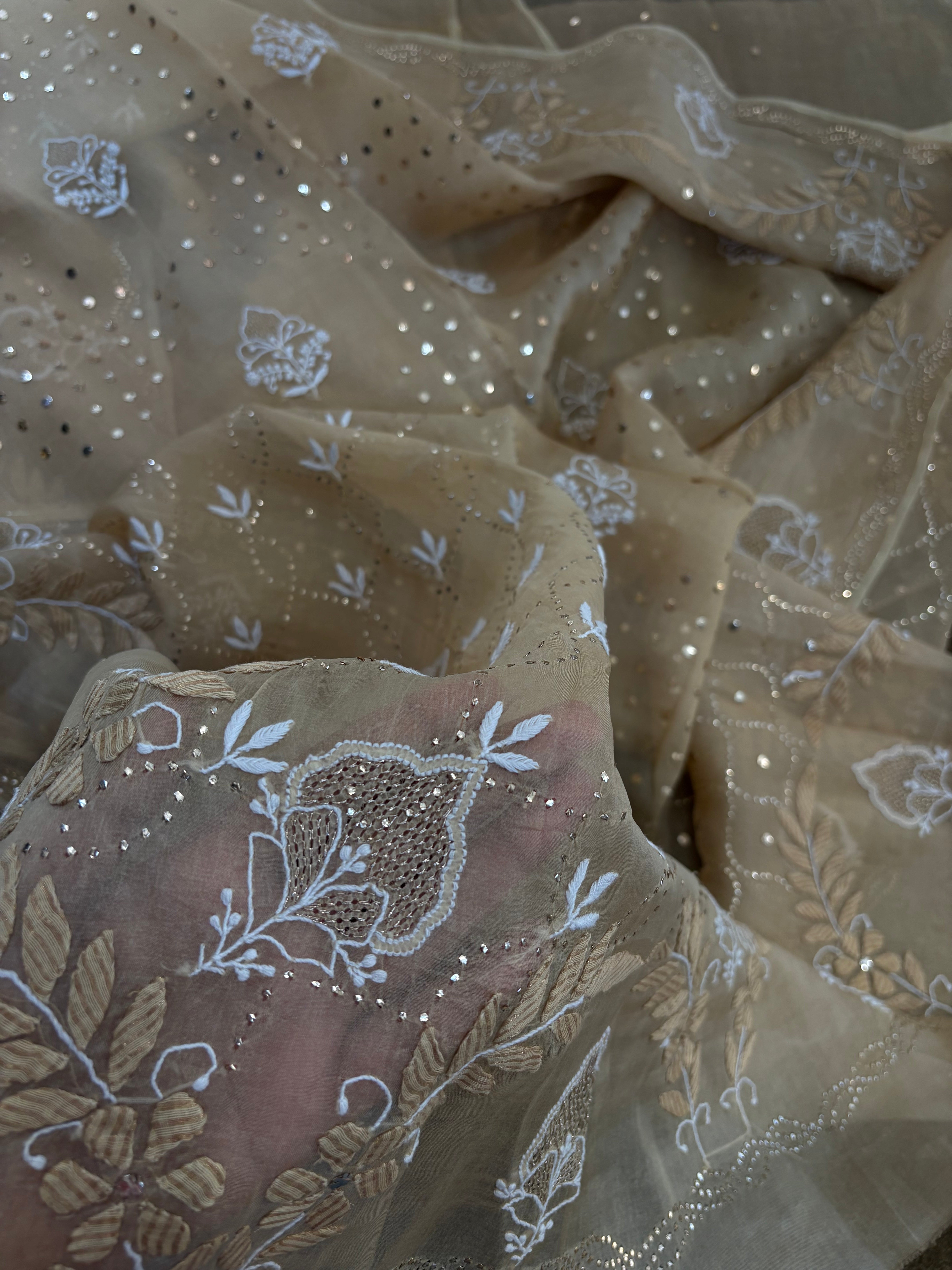 Gold Organza Chikankari and Mukaish Work