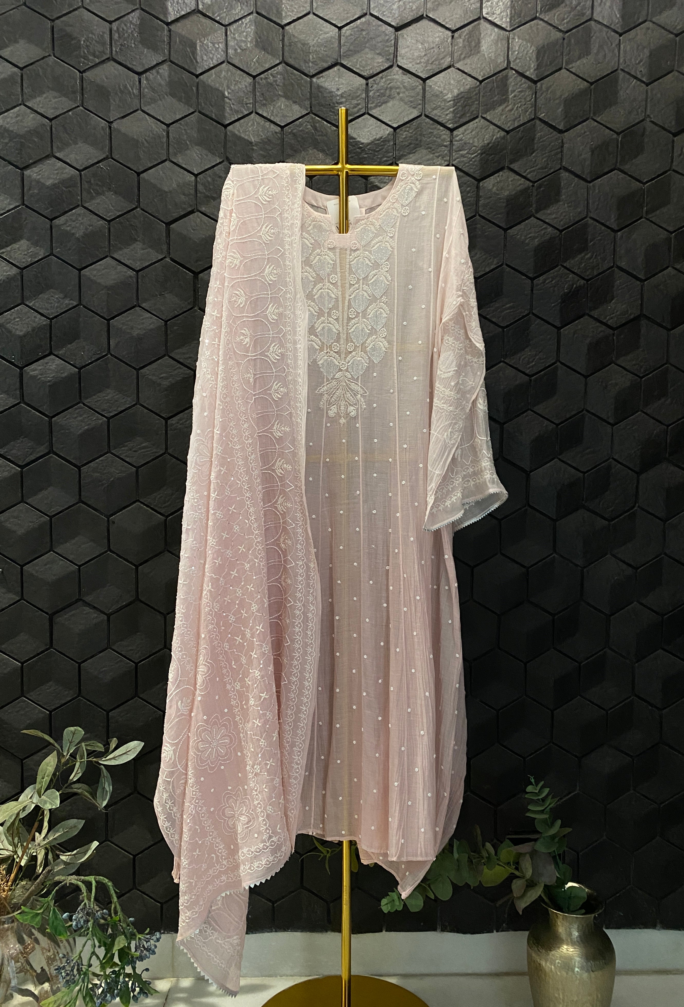 Pink mul chanderi chikankari Anarkali set