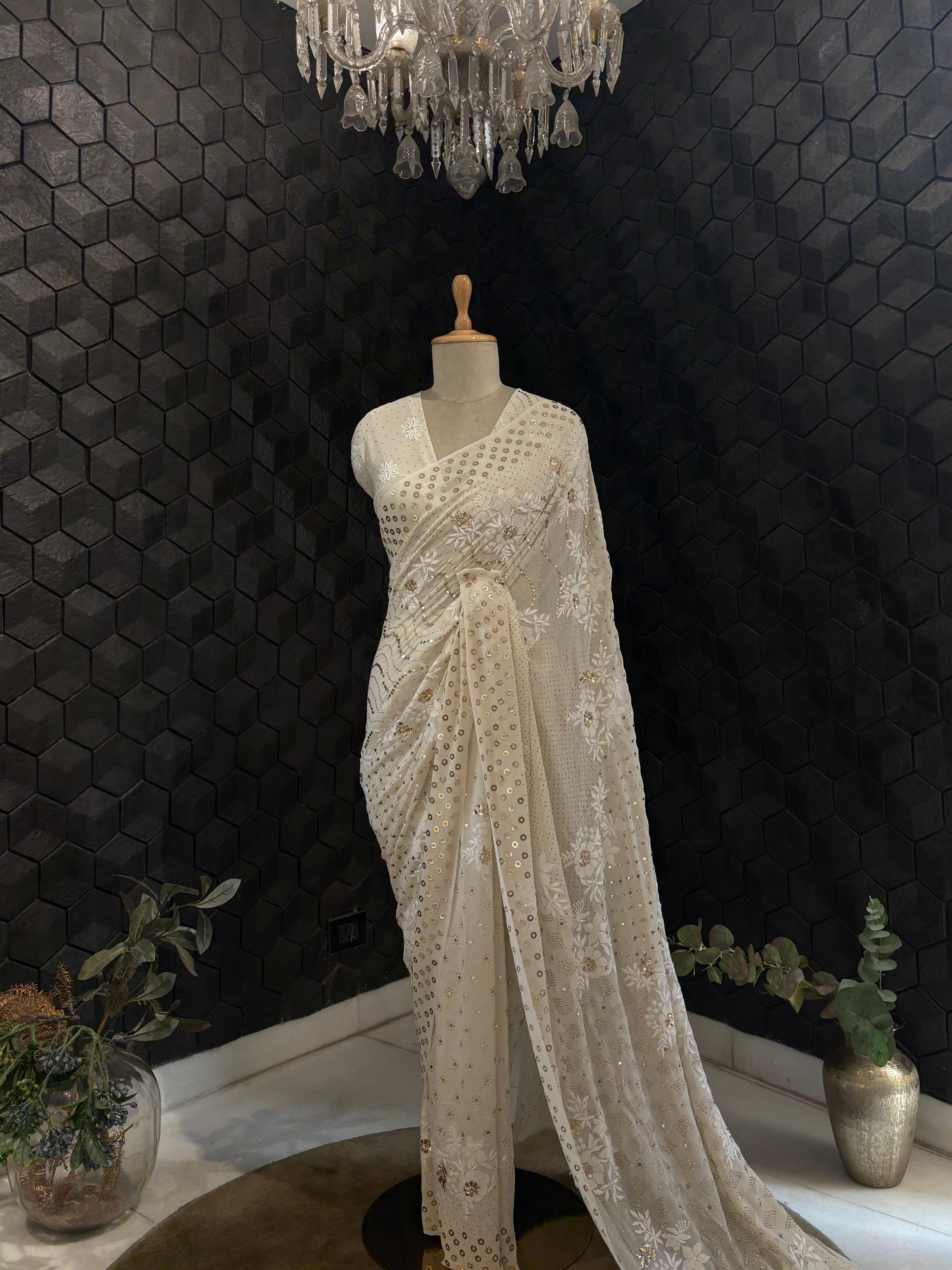 Ivory Georgette Saree