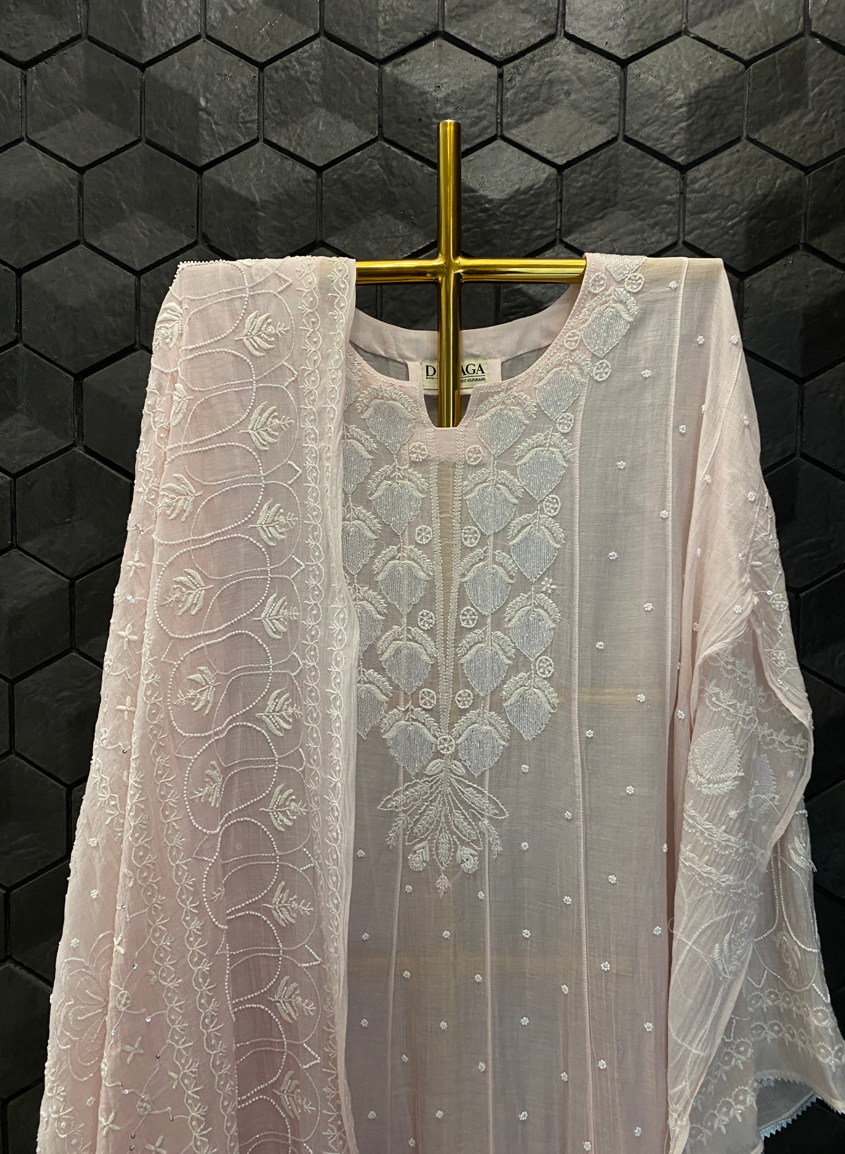 Pink mul chanderi chikankari Anarkali set
