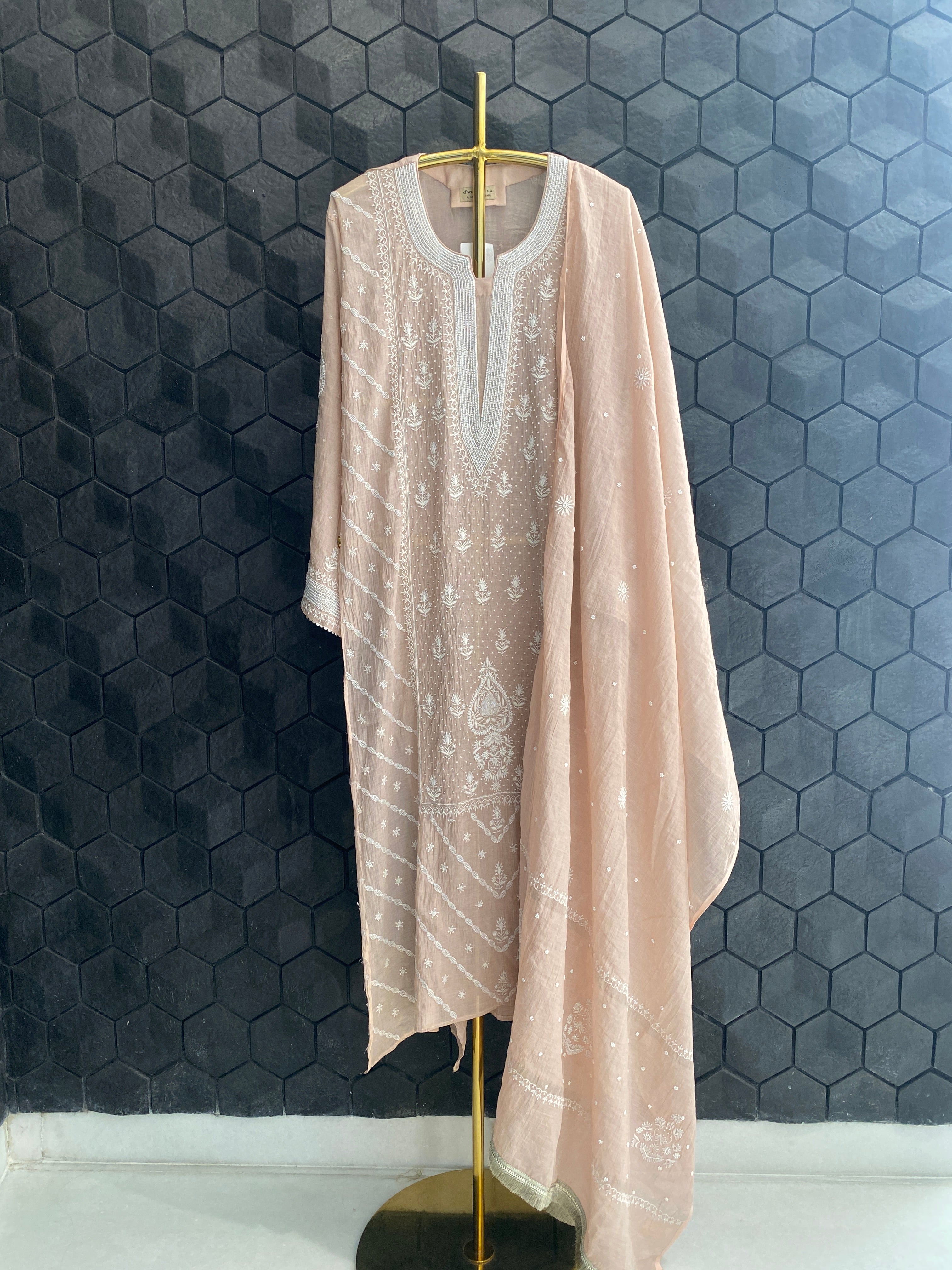 Pink silver tissue kurta set