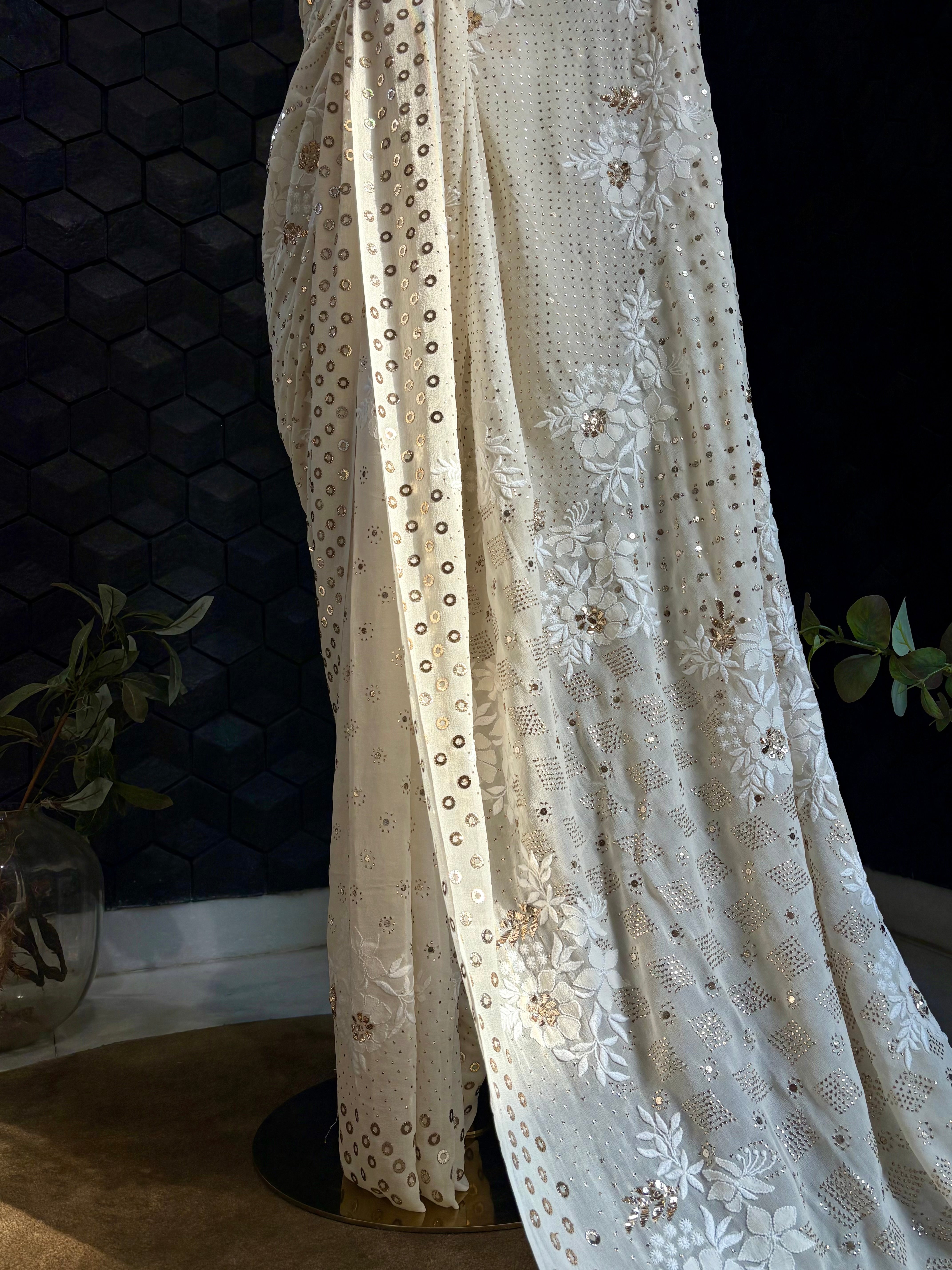 Ivory Georgette Mukaish Saree