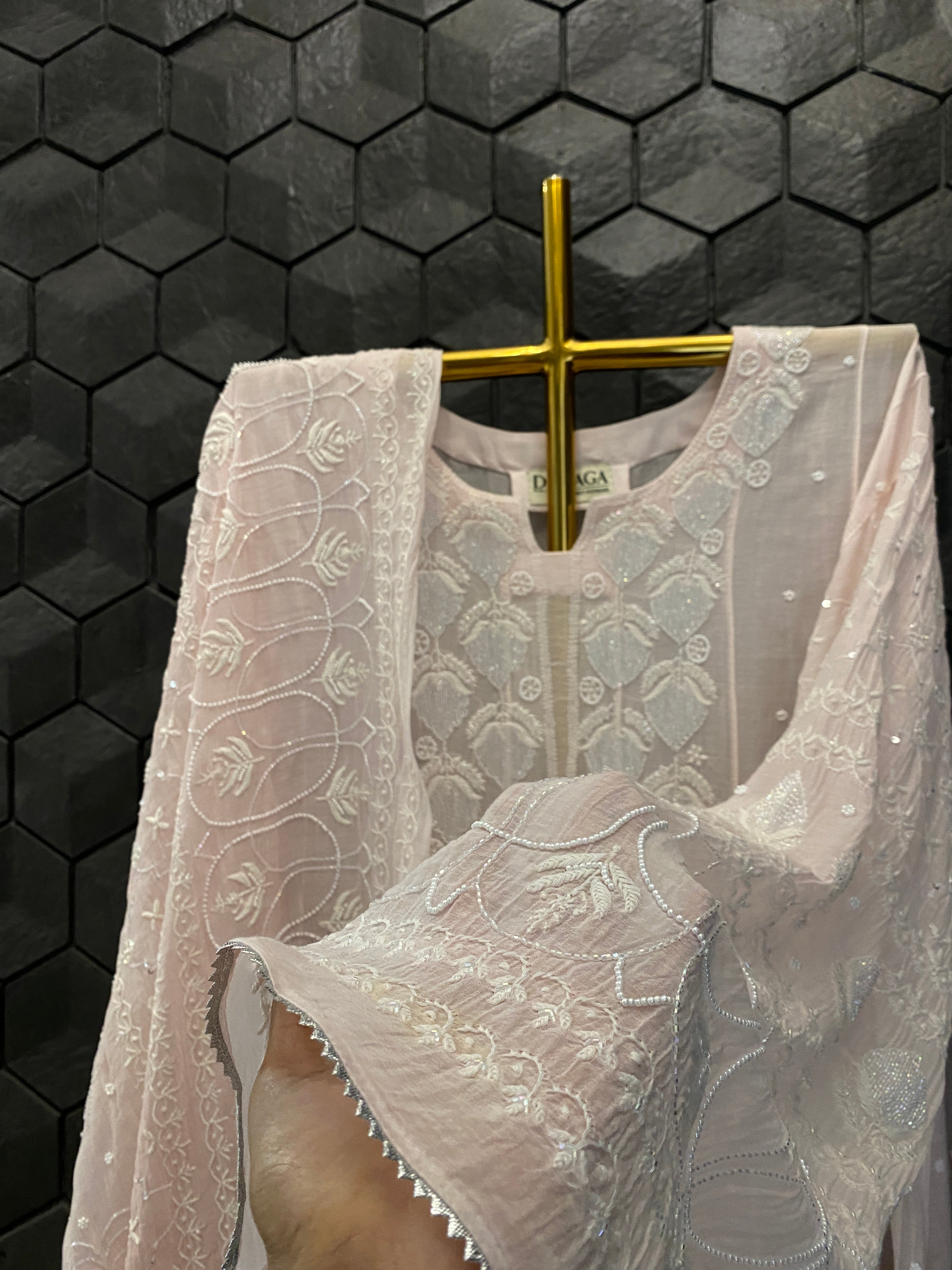 Pink mul chanderi chikankari Anarkali set