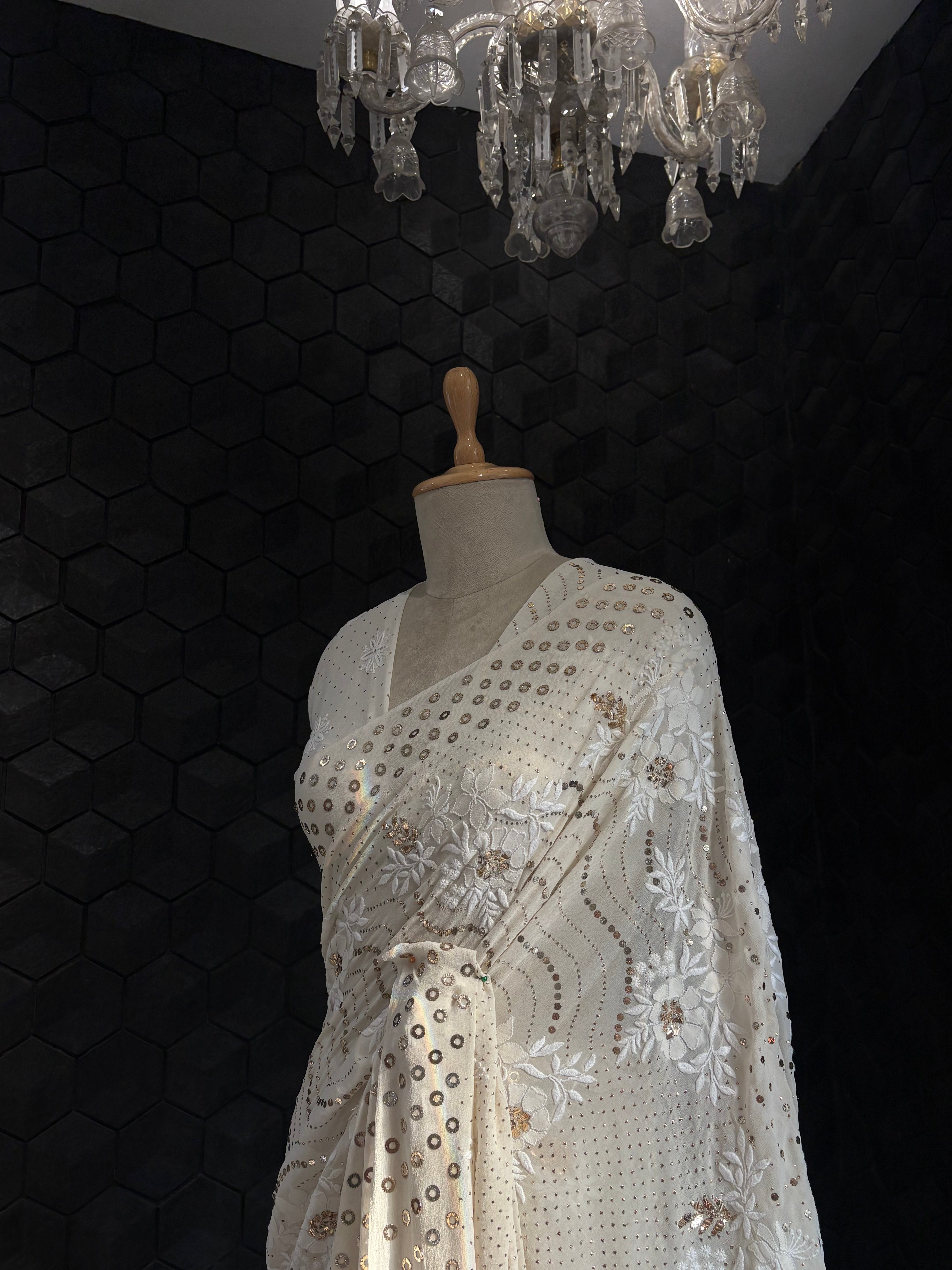 Ivory Georgette Mukaish Saree