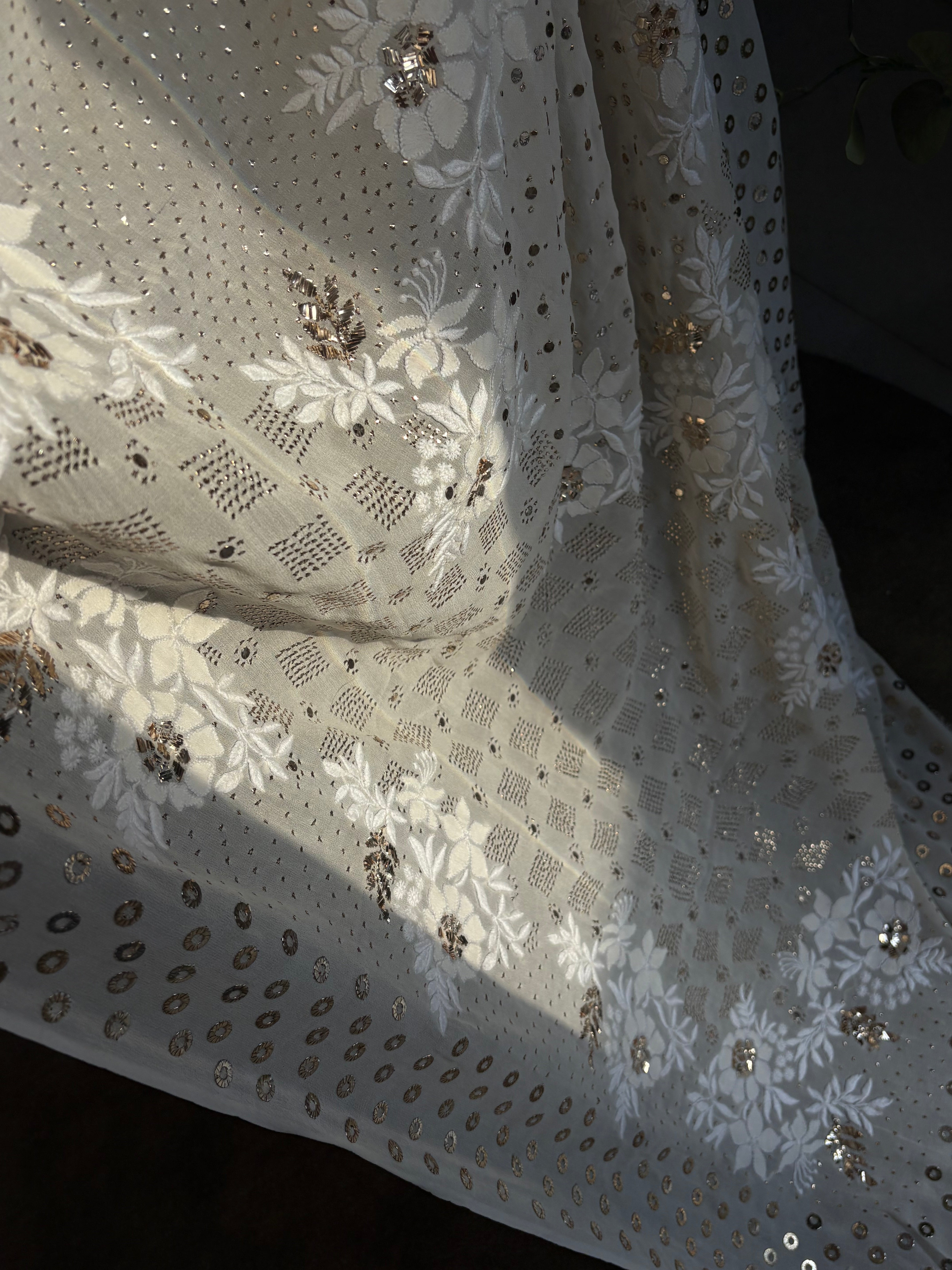 Ivory Georgette Mukaish Saree