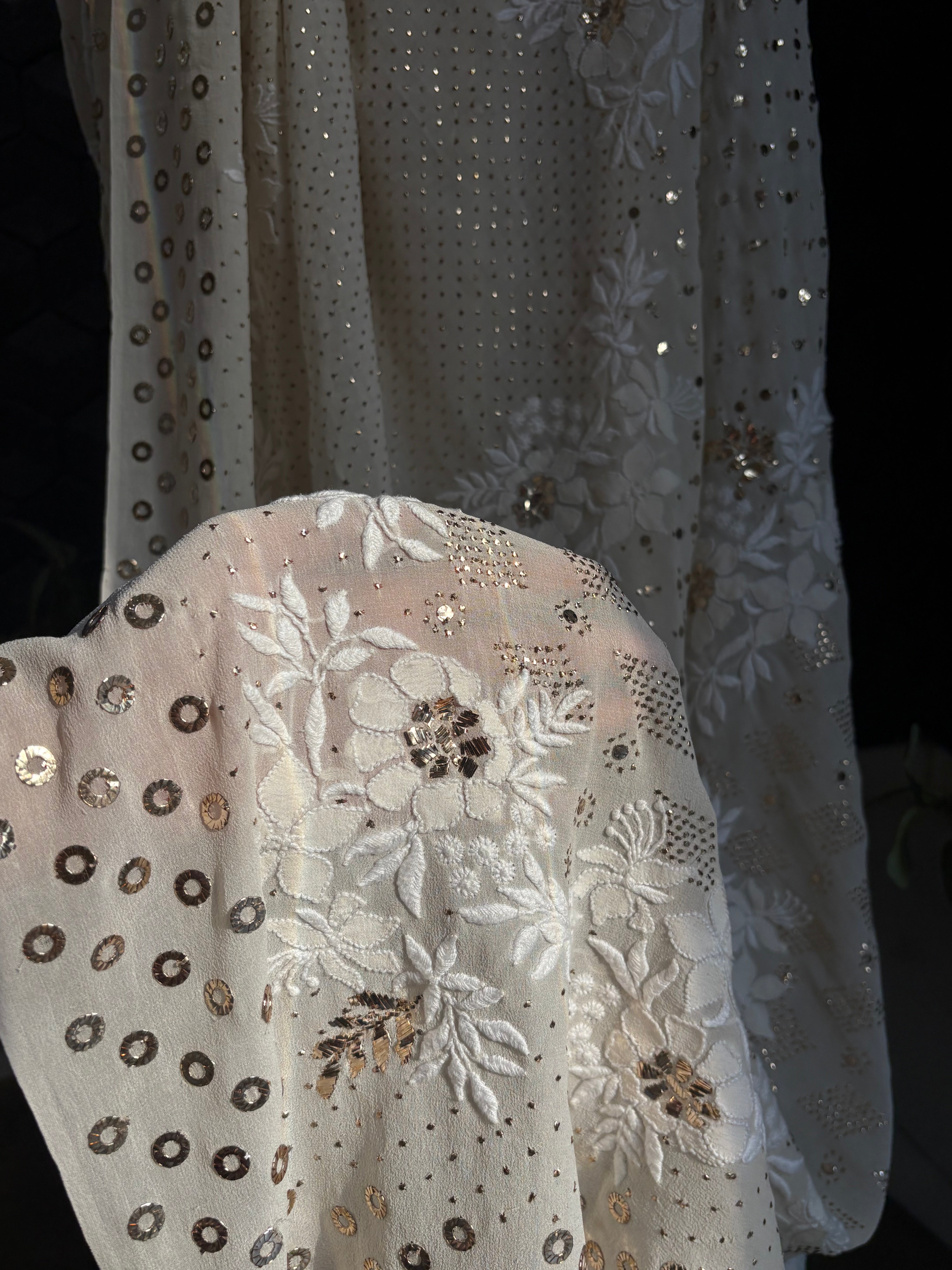 Ivory Georgette Mukaish Saree