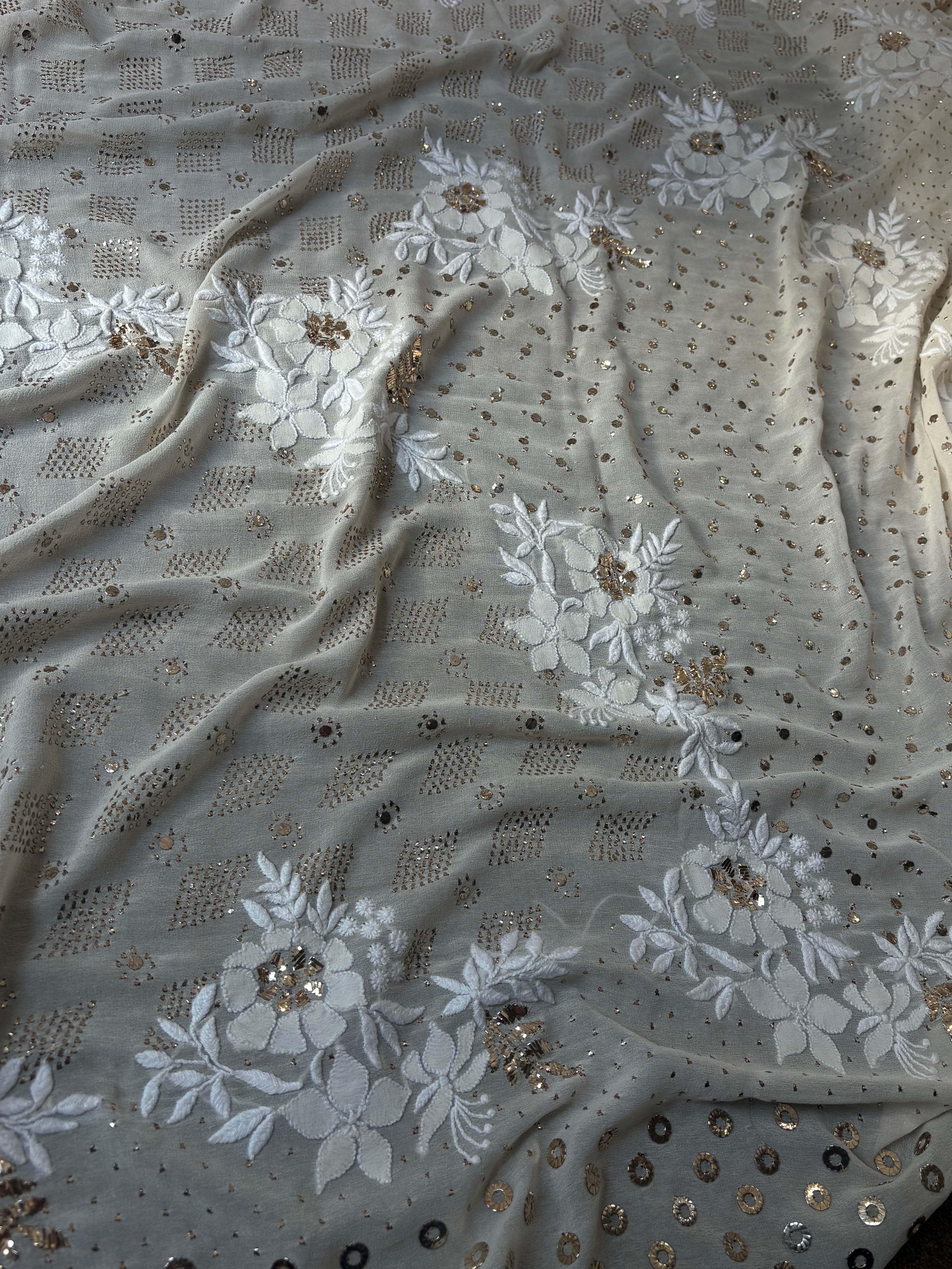 Ivory Georgette Mukaish Saree