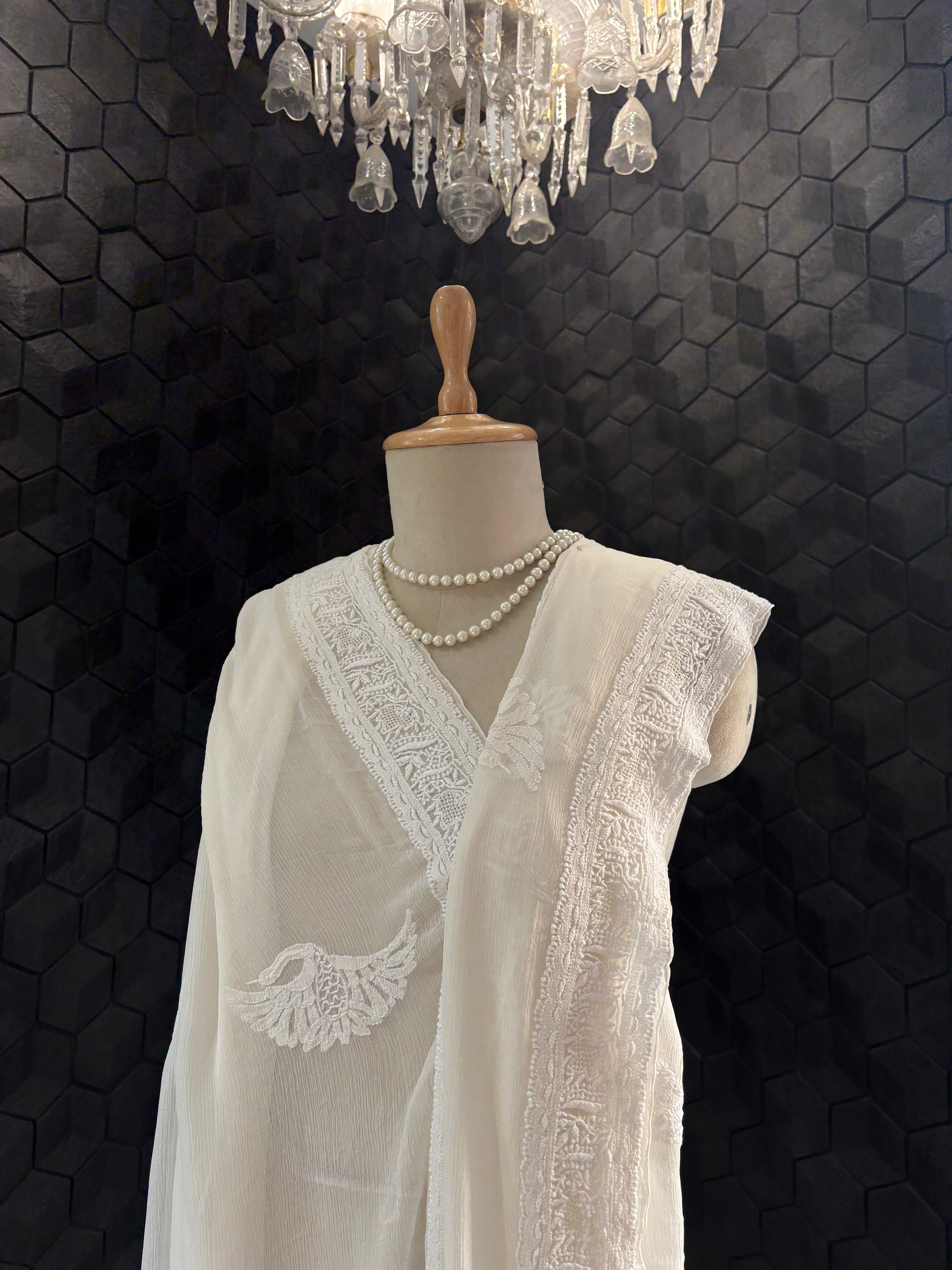 White Chiffon Chikankari Saree