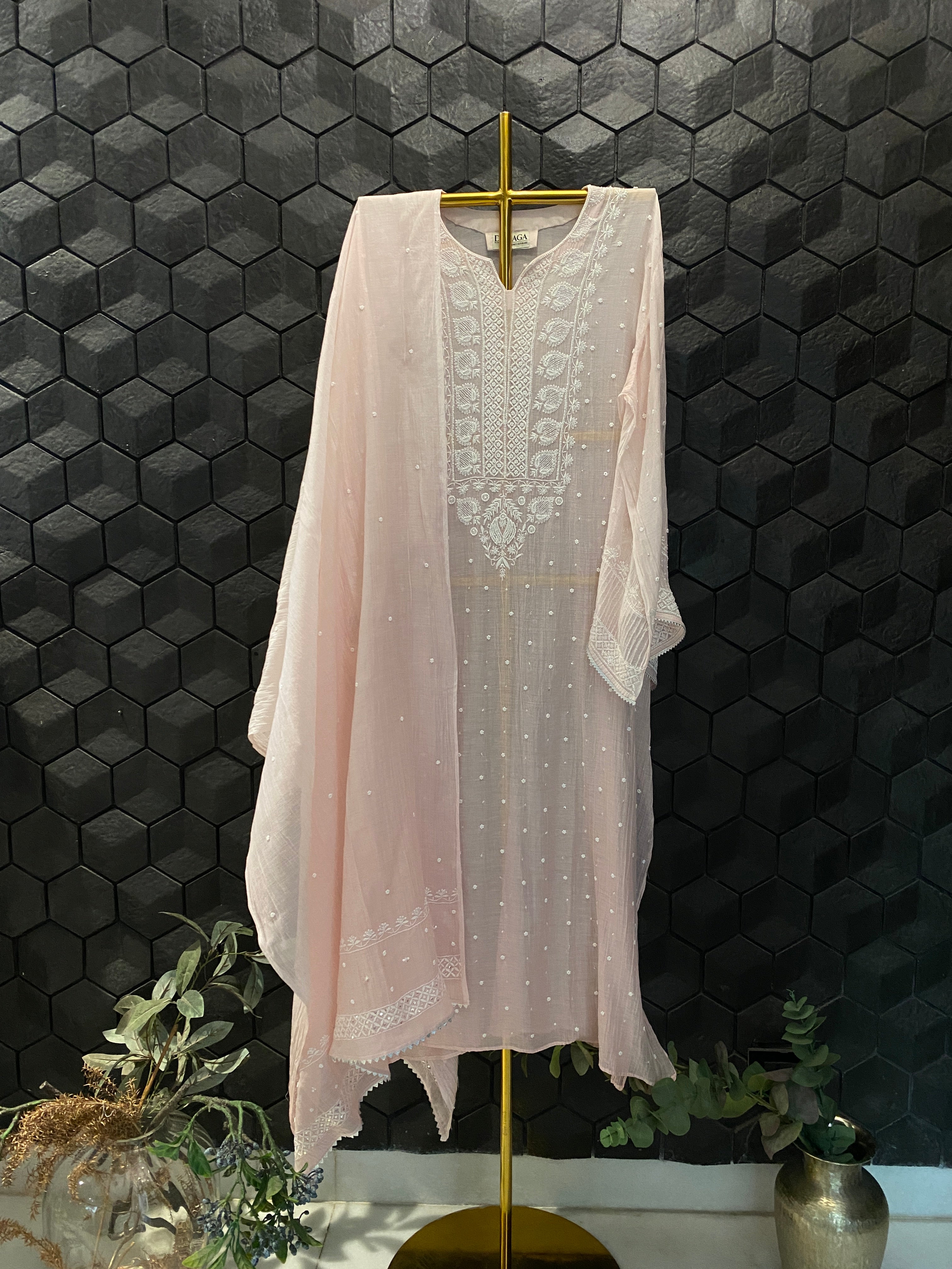 Pink Mul Chanderi Chikankari kurta set
