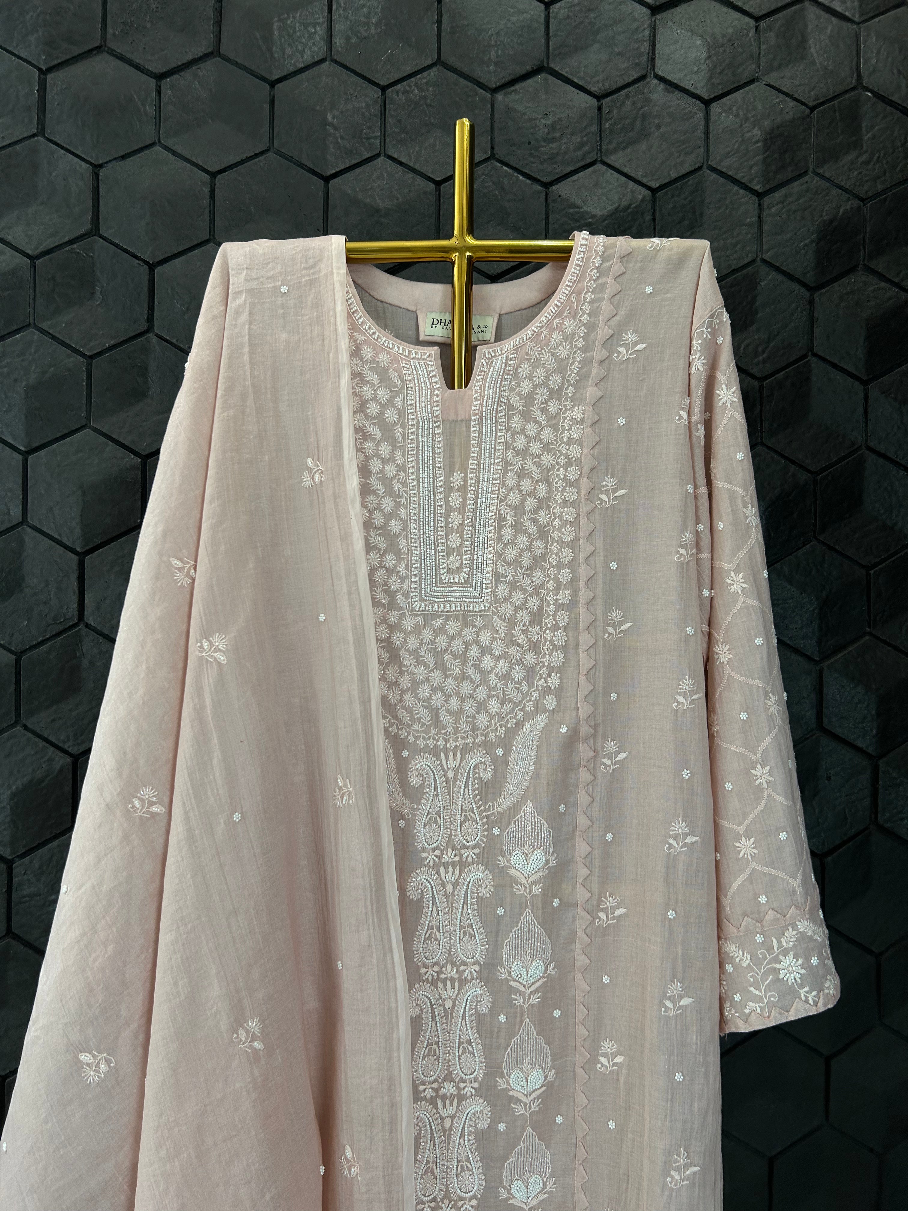 Pink Silver Tissue Chikankari Kurta Set