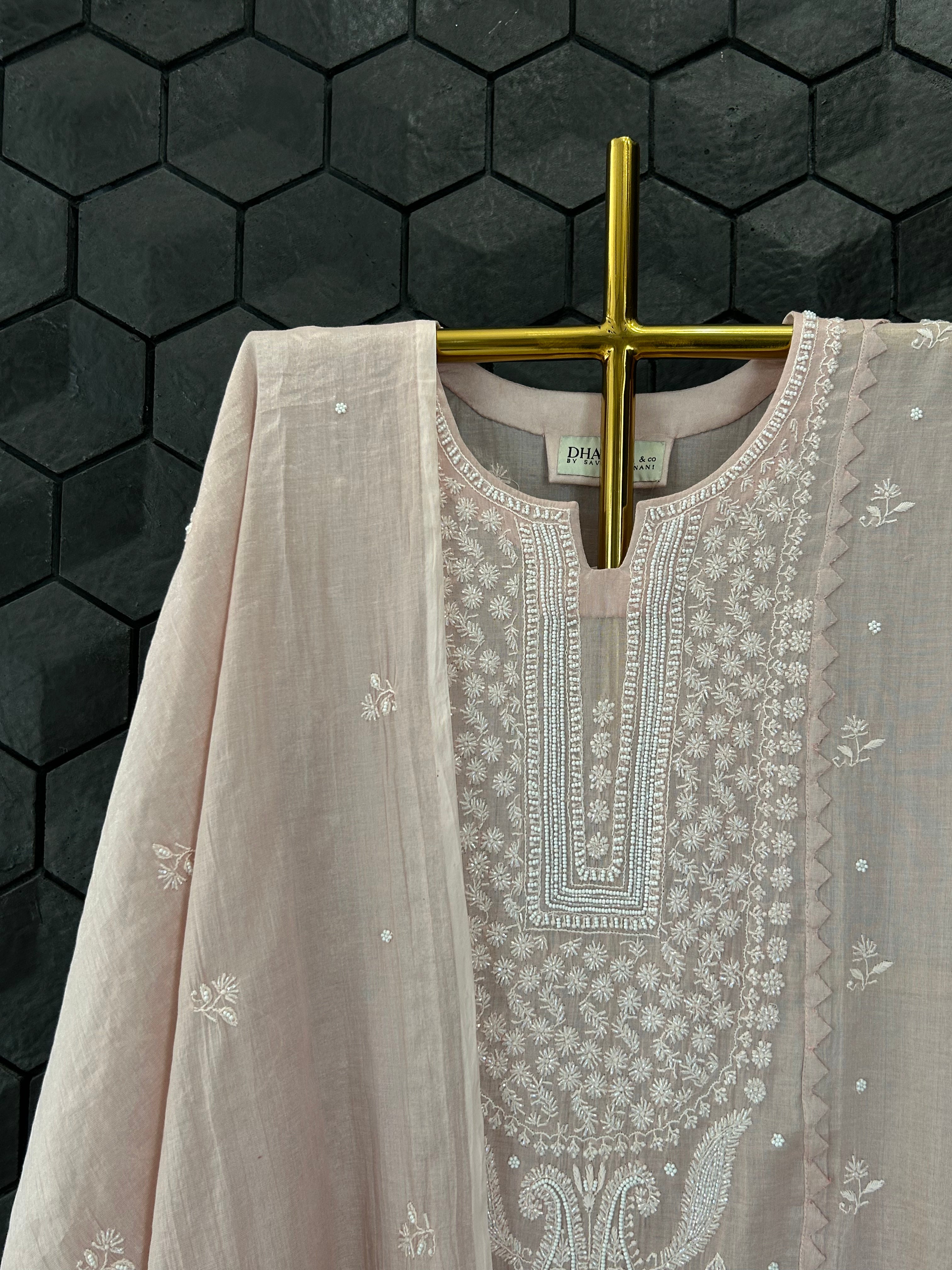 Pink Silver Tissue Chikankari Kurta Set