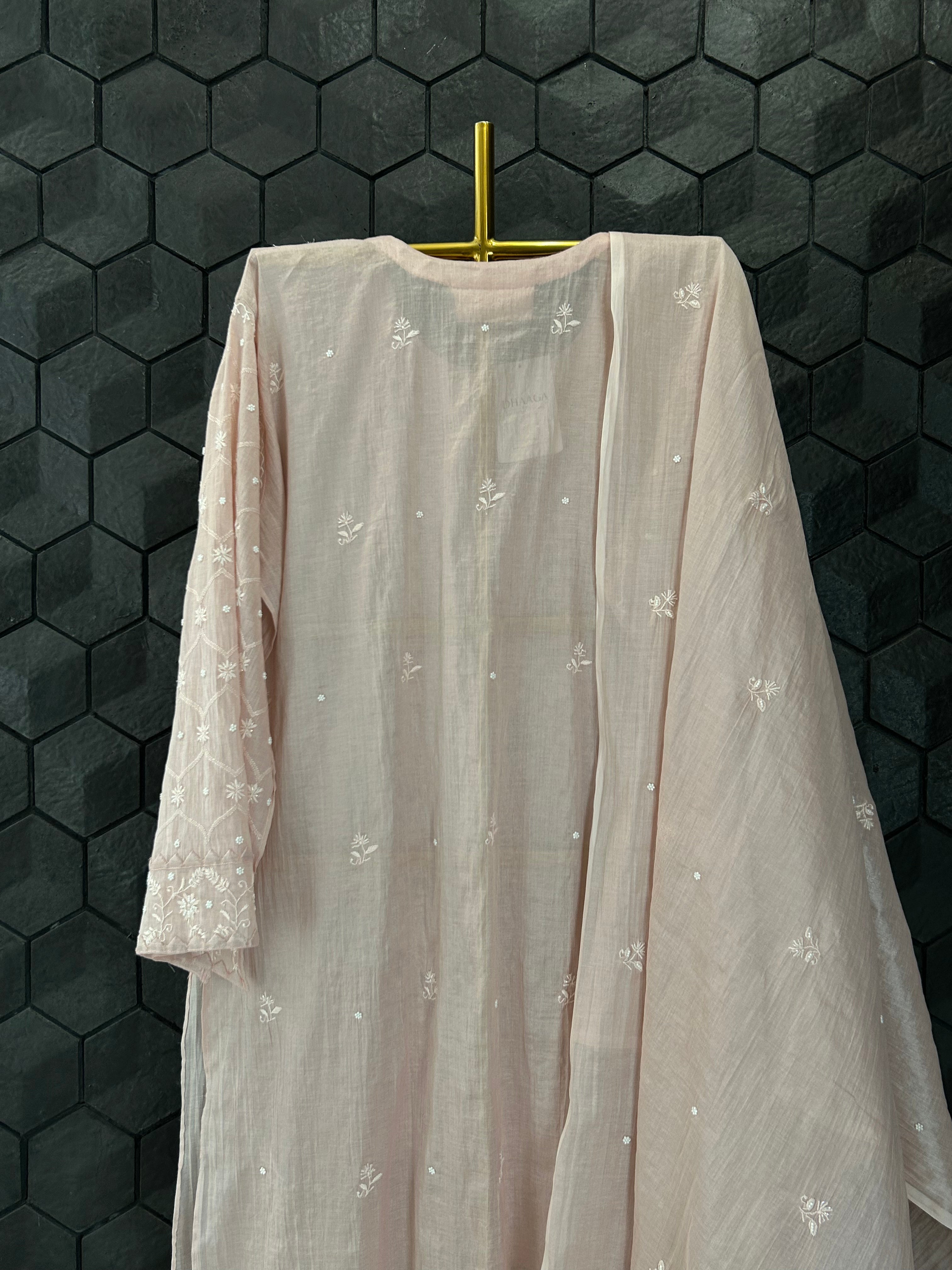 Pink Silver Tissue Chikankari Kurta Set