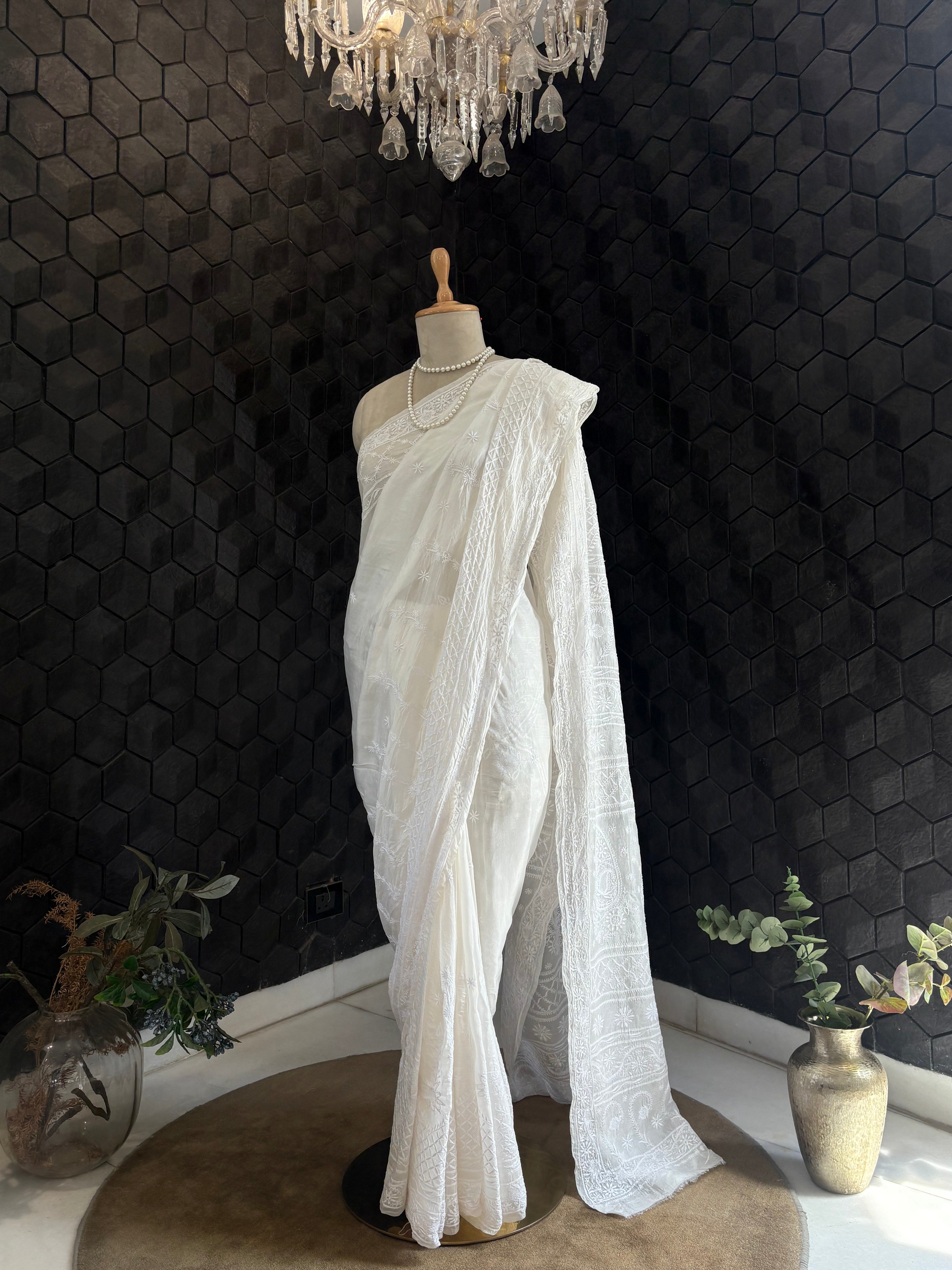 White Organza Chikankari Saree