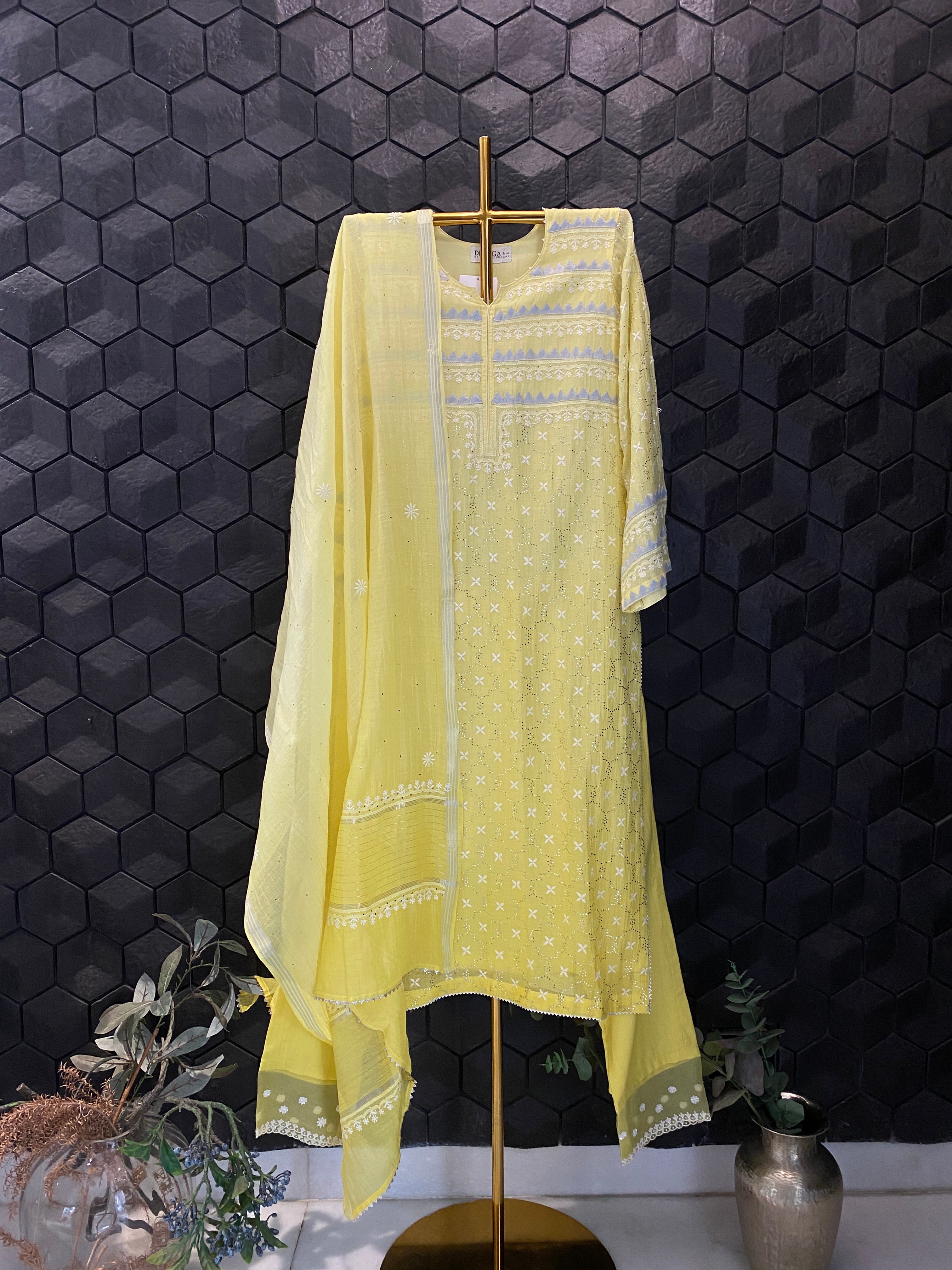 Yellow Mul Chanderi  Chikankari Mukaish Suit Set