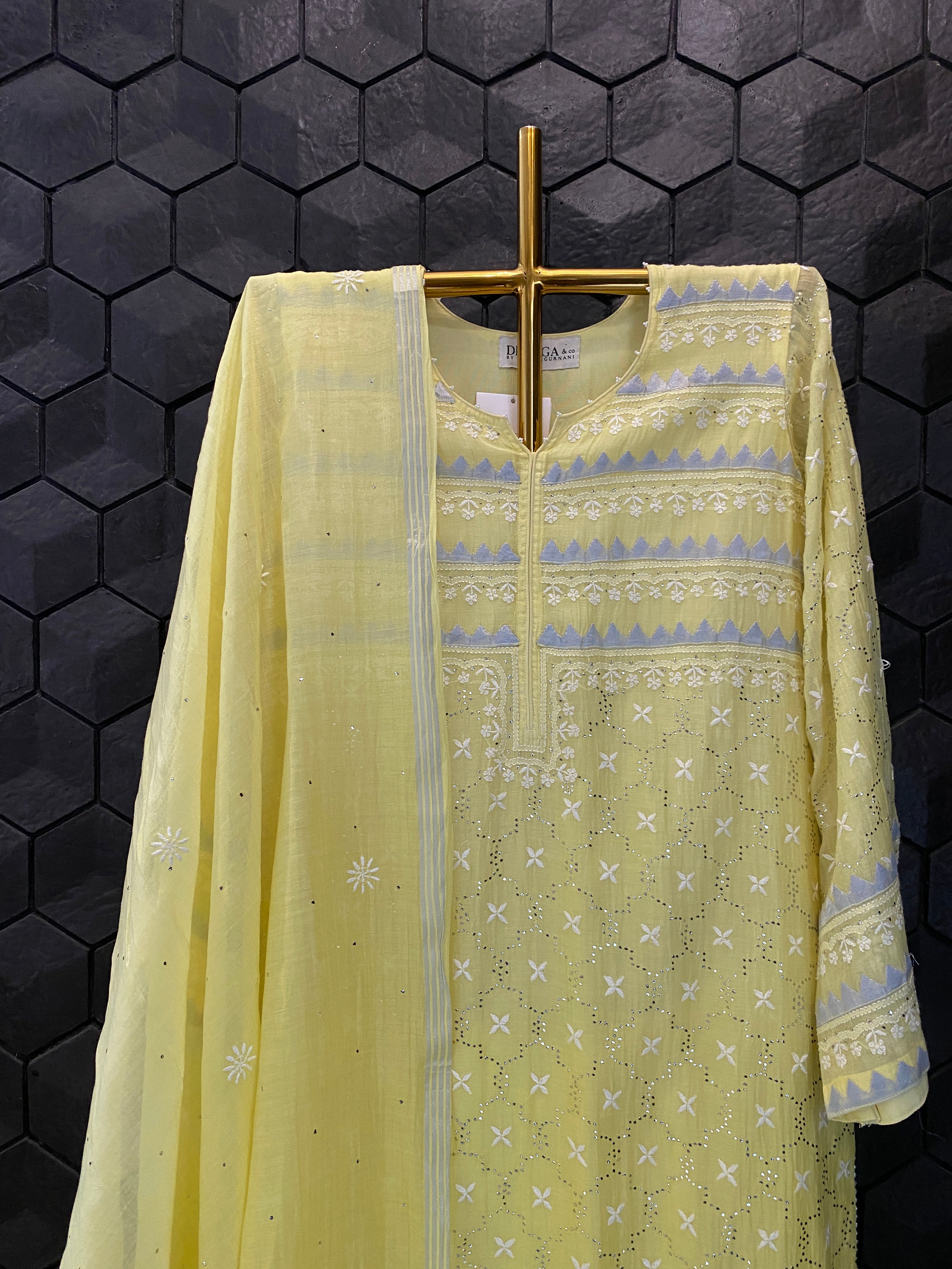 Yellow Mul Chanderi  Chikankari Mukaish Suit Set