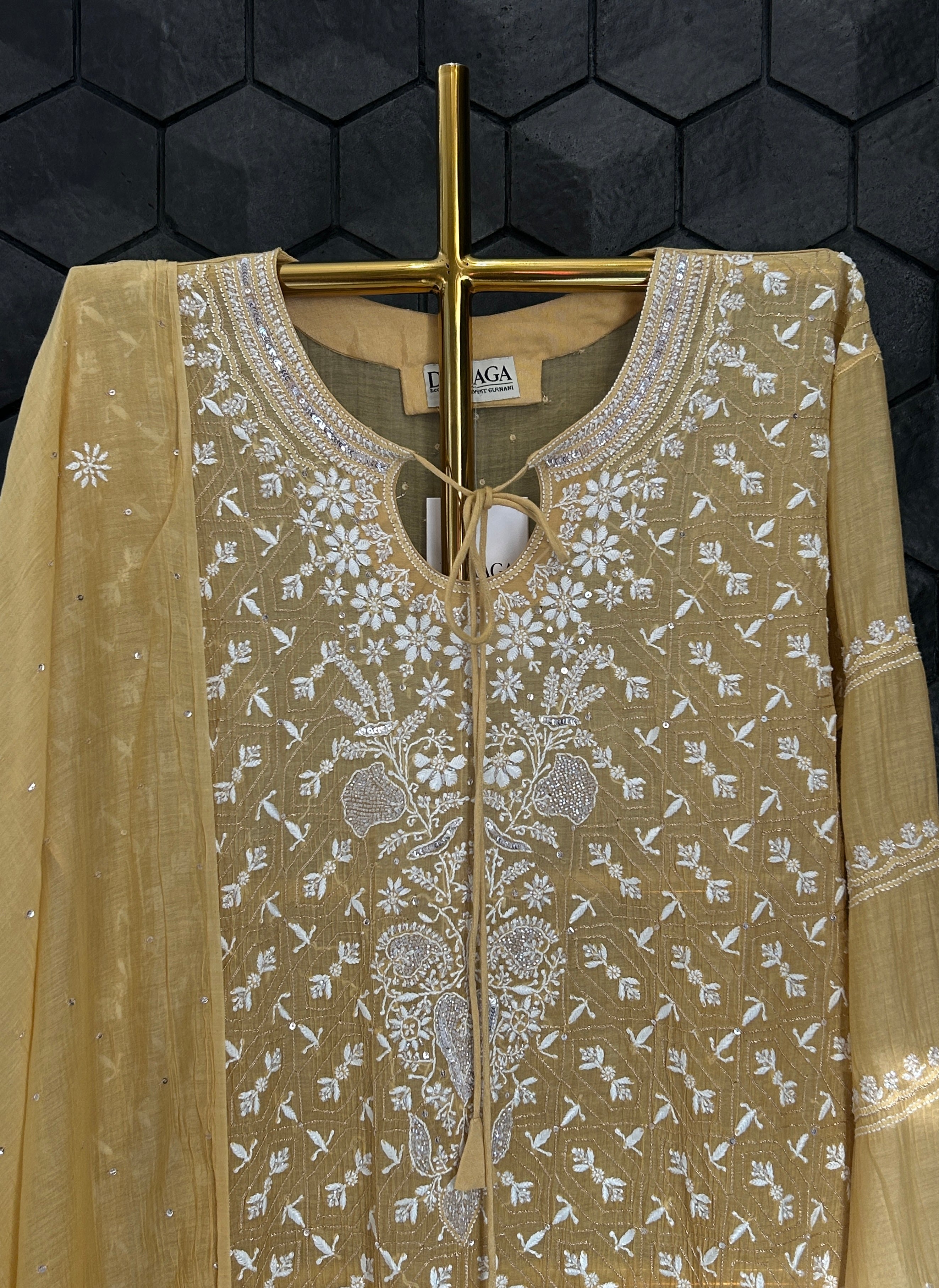 Mustard mul chanderi chikankari kurta set