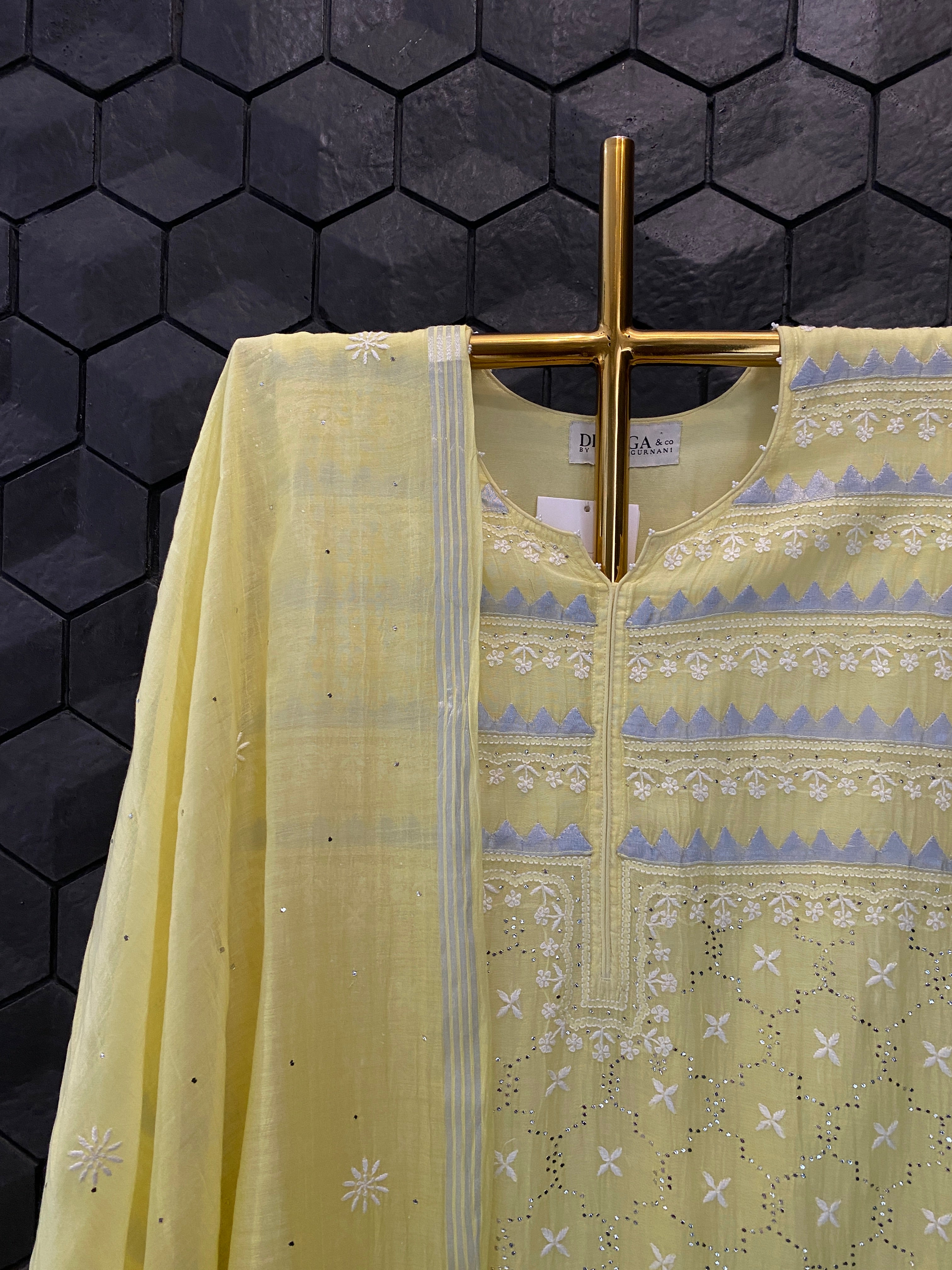 Yellow Mul Chanderi  Chikankari Mukaish Suit Set