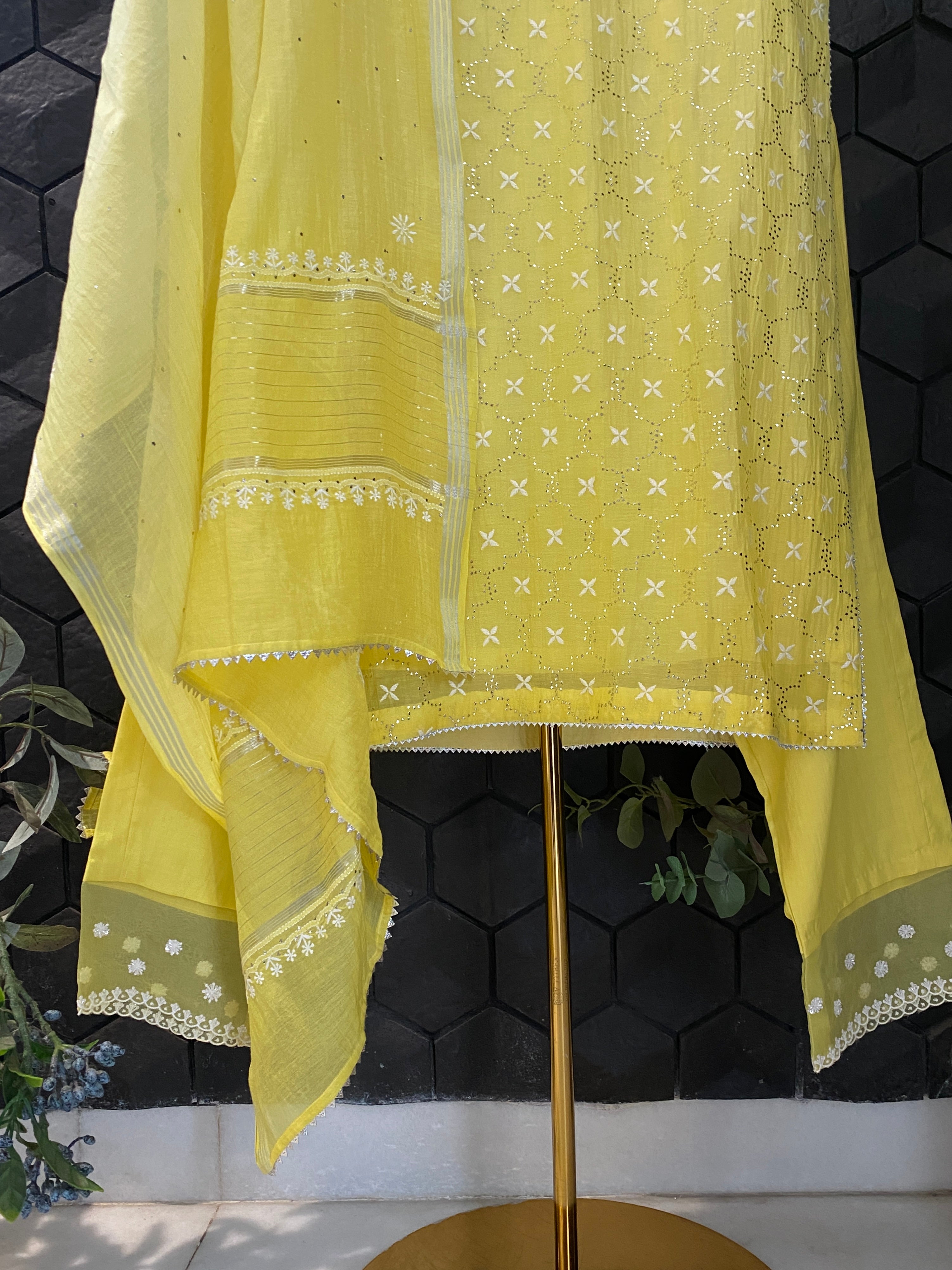 Yellow Mul Chanderi  Chikankari Mukaish Suit Set