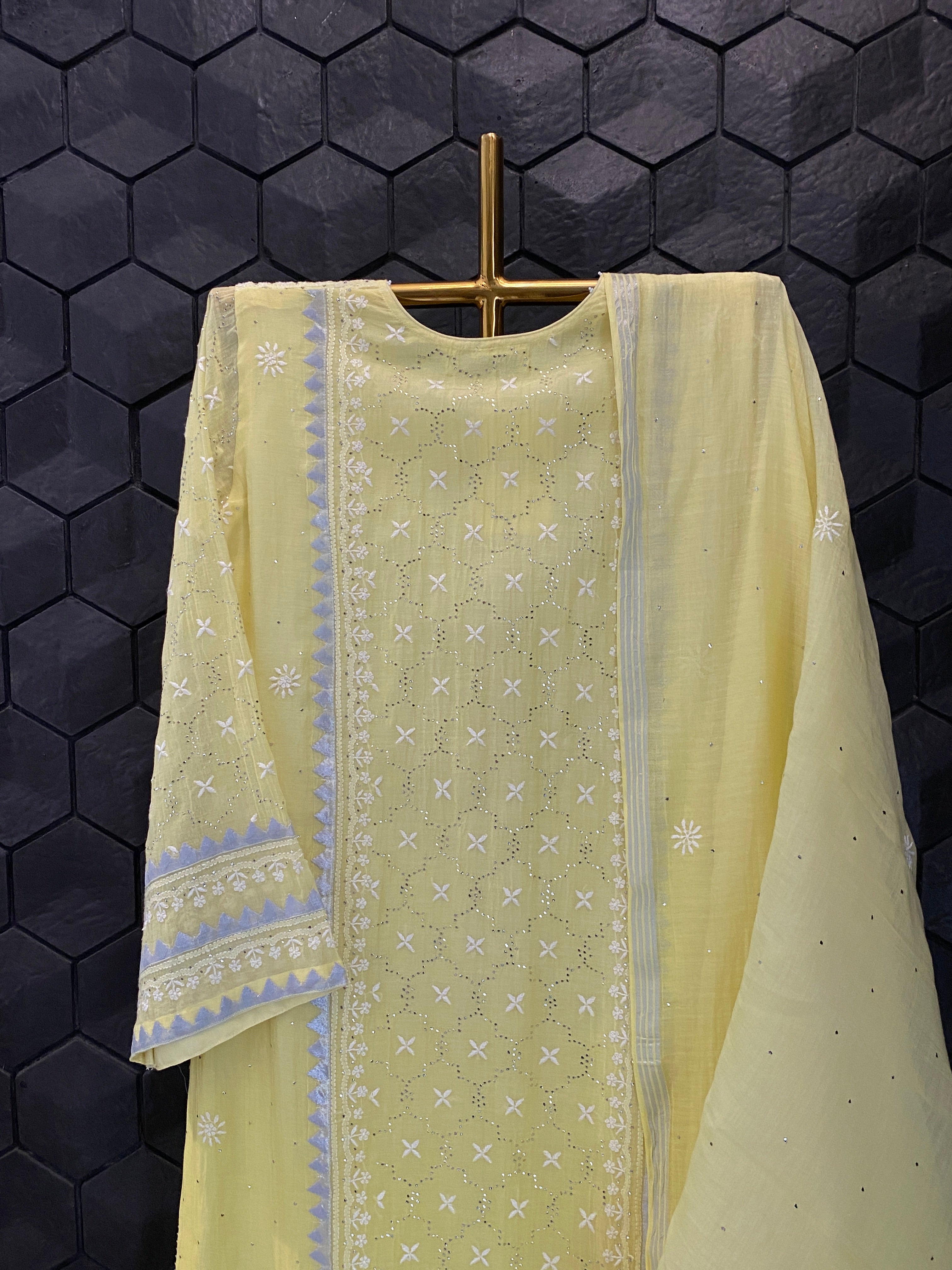 Yellow Mul Chanderi  Chikankari Mukaish Suit Set