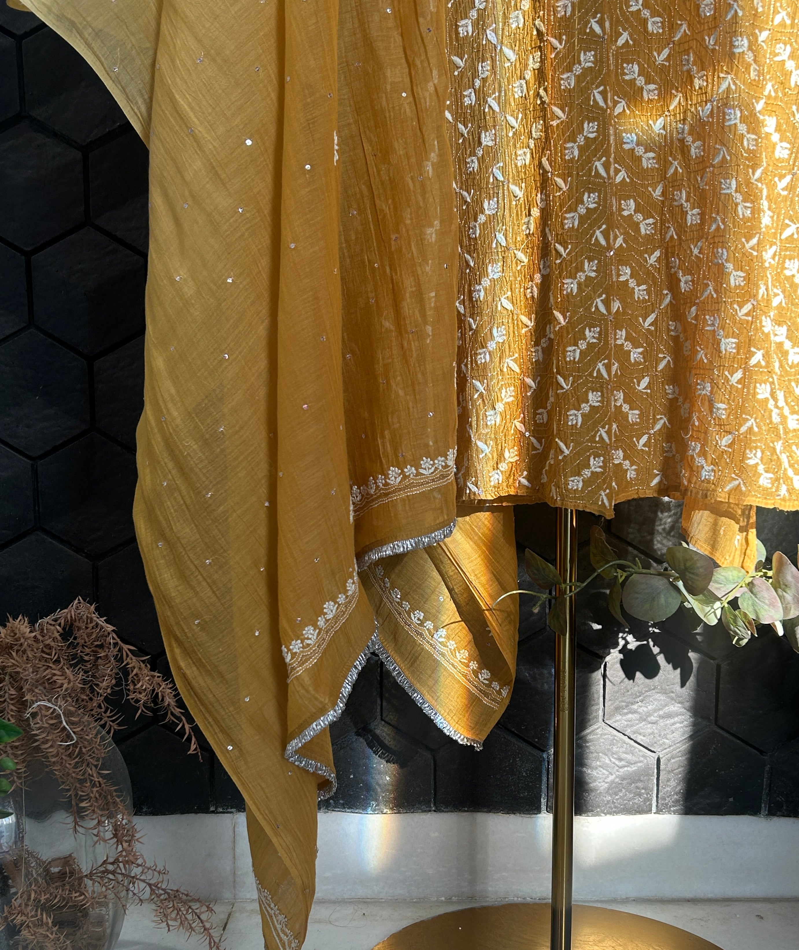 Mustard mul chanderi chikankari kurta set