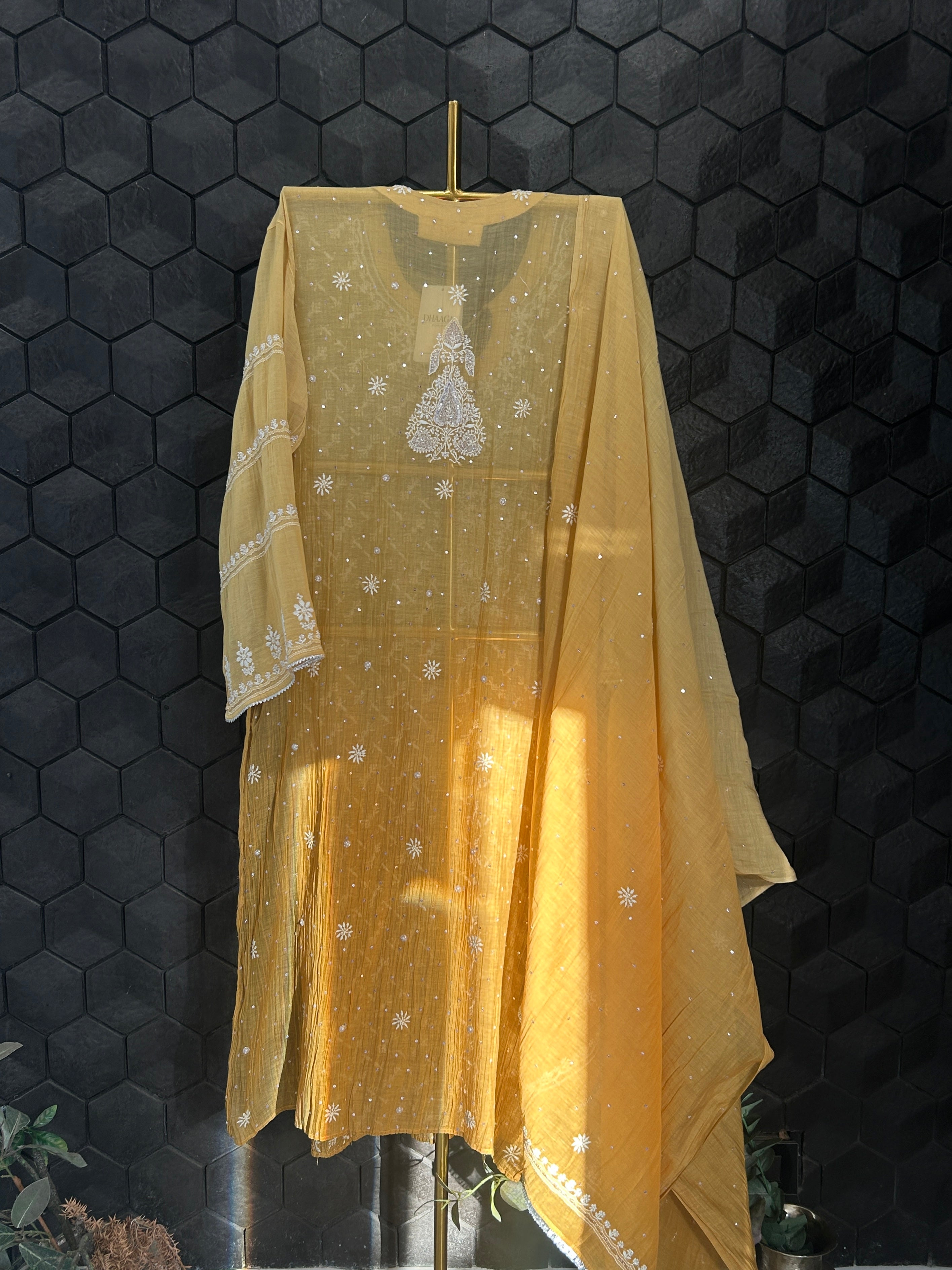 Mustard mul chanderi chikankari kurta set