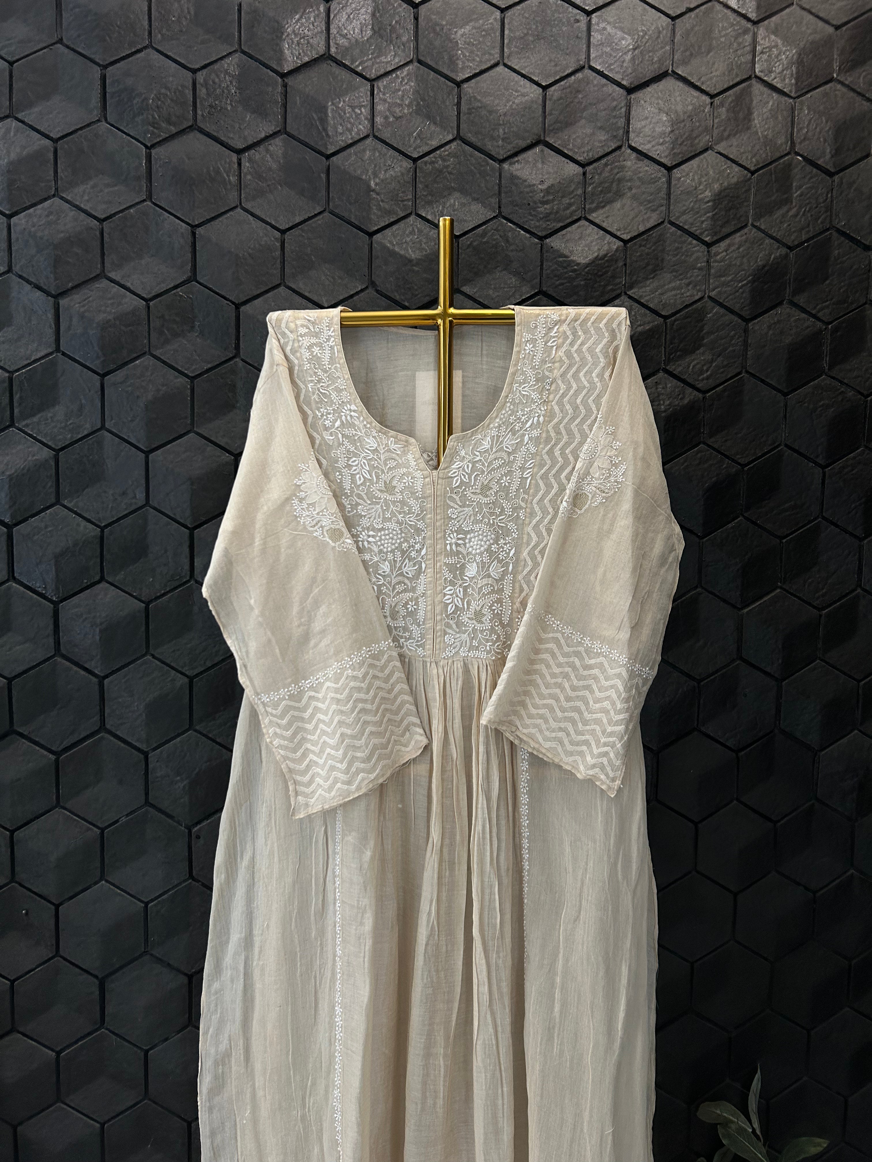 NATURAL GOLD TISSUE CHIKANKARI KURTI