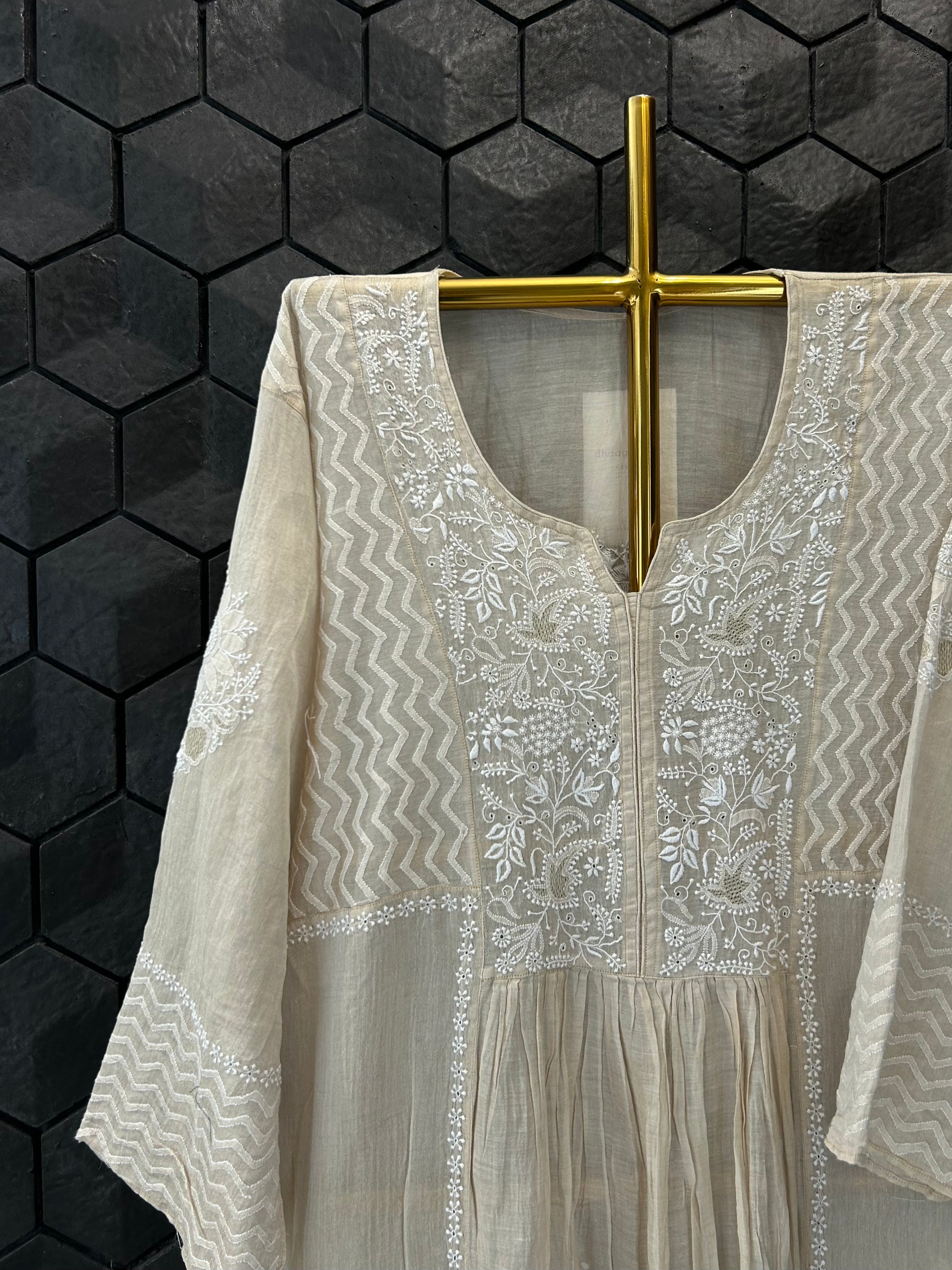 NATURAL GOLD TISSUE CHIKANKARI KURTI