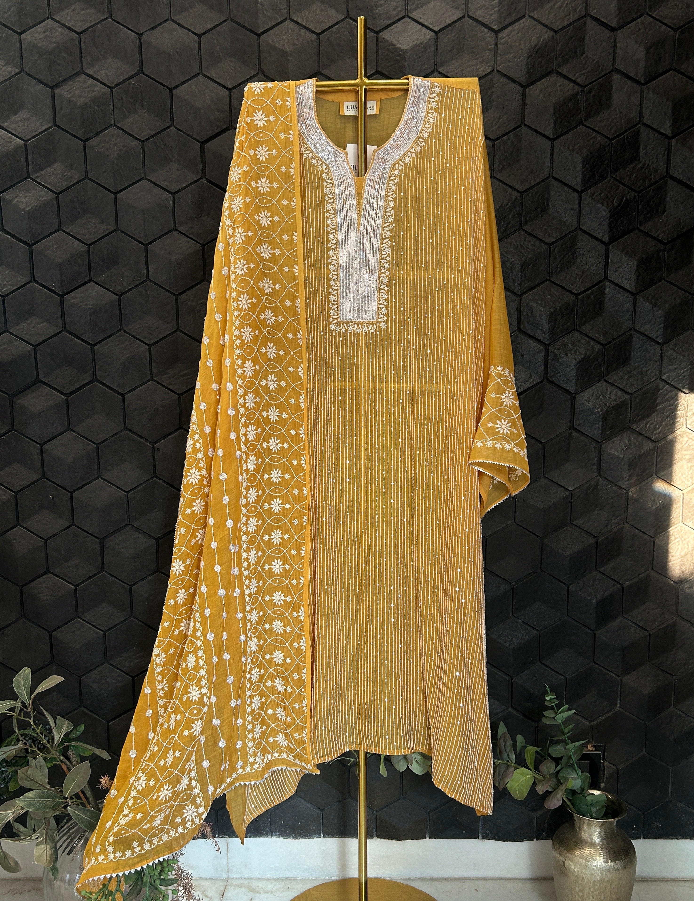 Mustard Mul Chanderi Chikankari Kurta Set