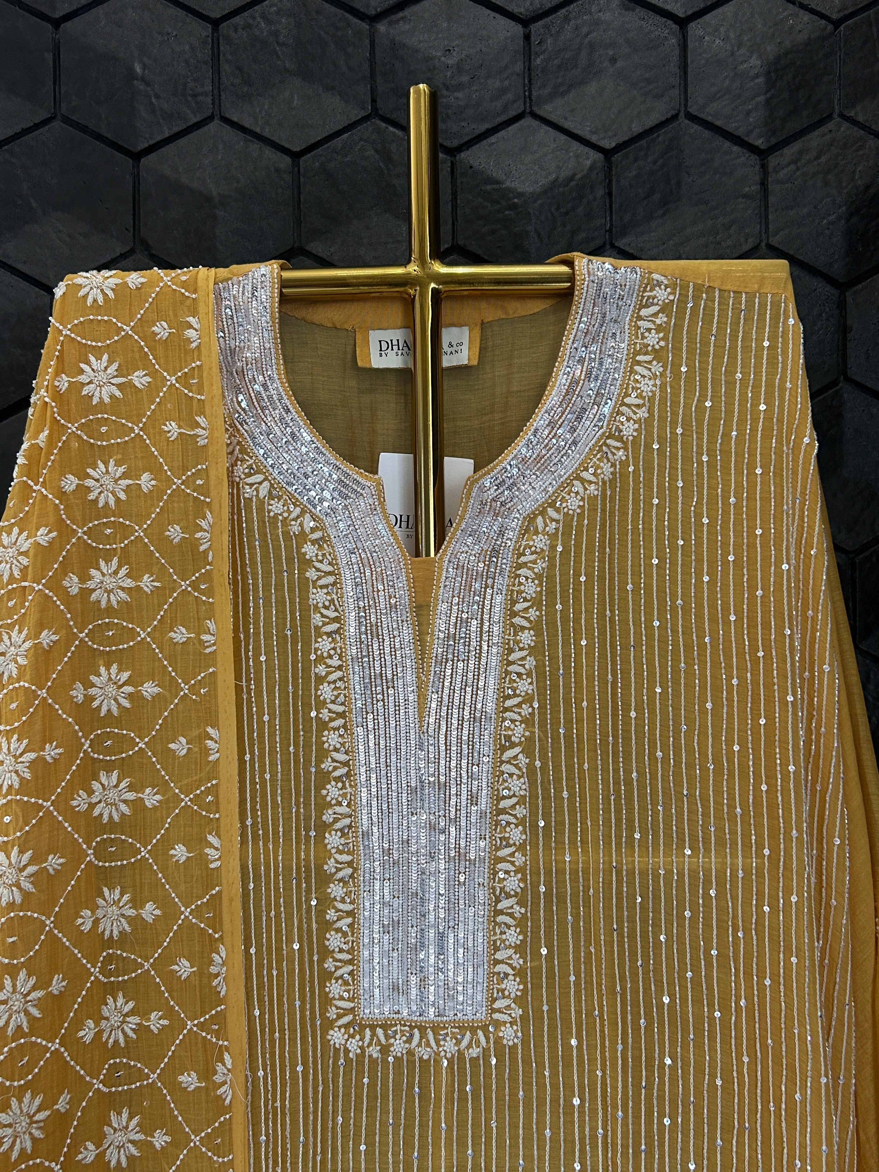 Mustard Mul Chanderi Chikankari Kurta Set