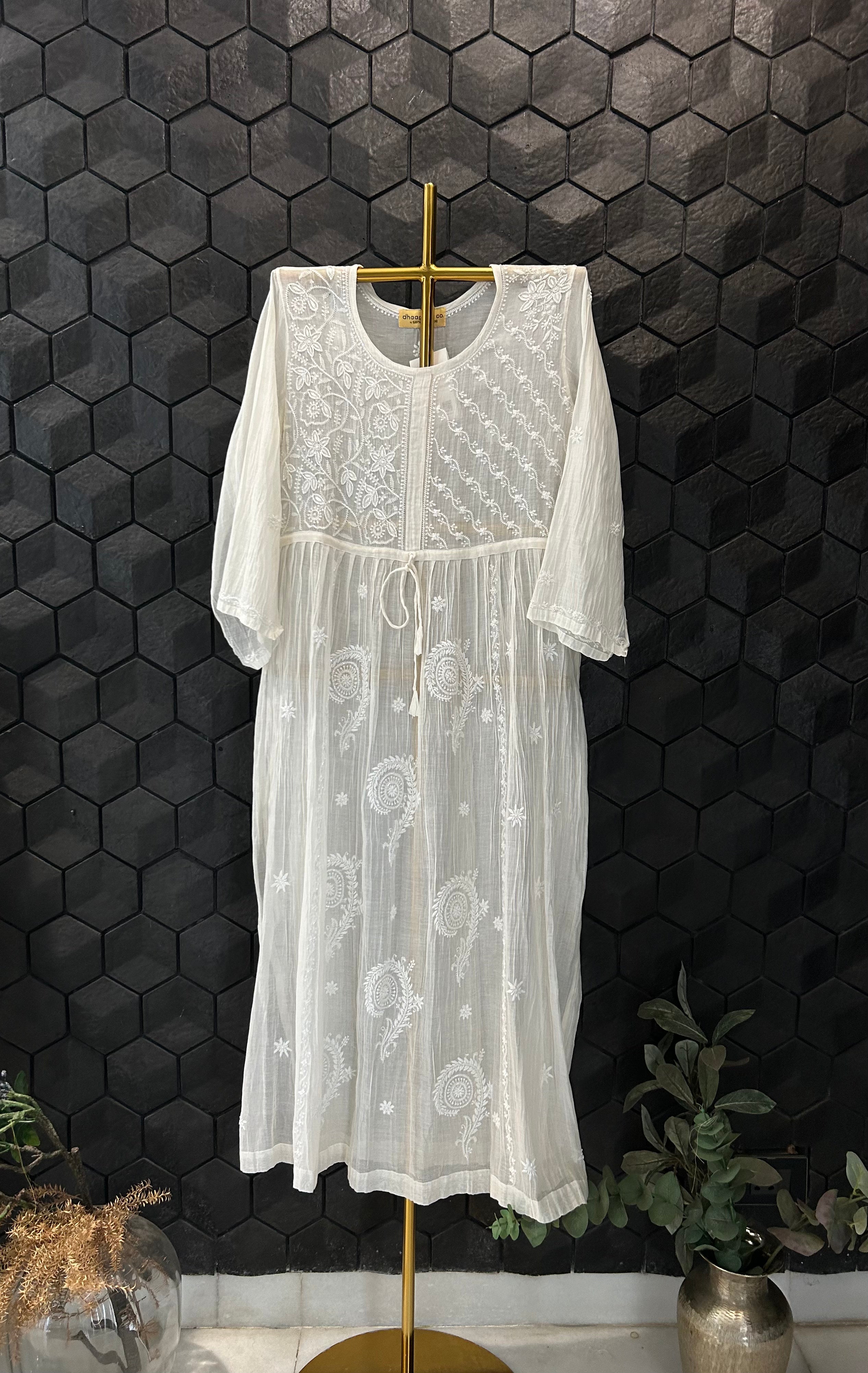 WHITE PURE CHANDERI CHIKANKARI KURTI