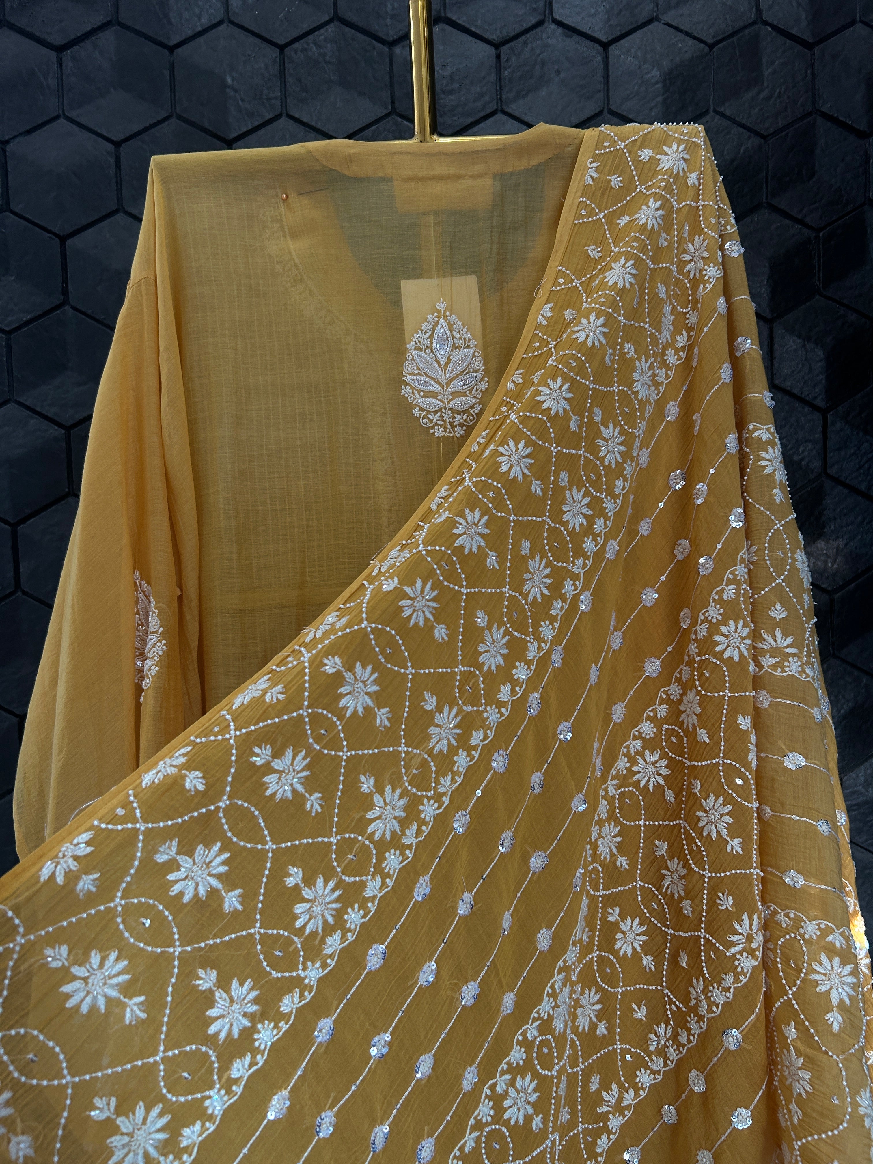 Mustard Mul Chanderi Chikankari Kurta Set