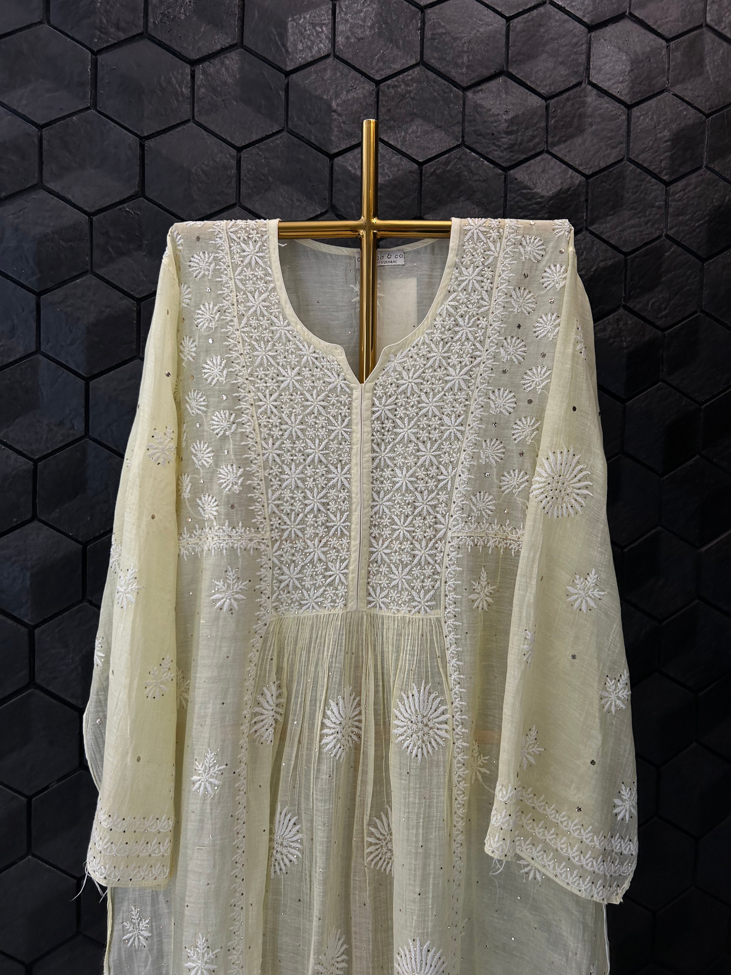 LEMON MUL CHANDERI AND MUKAISH  CHIKANKARI KURTI