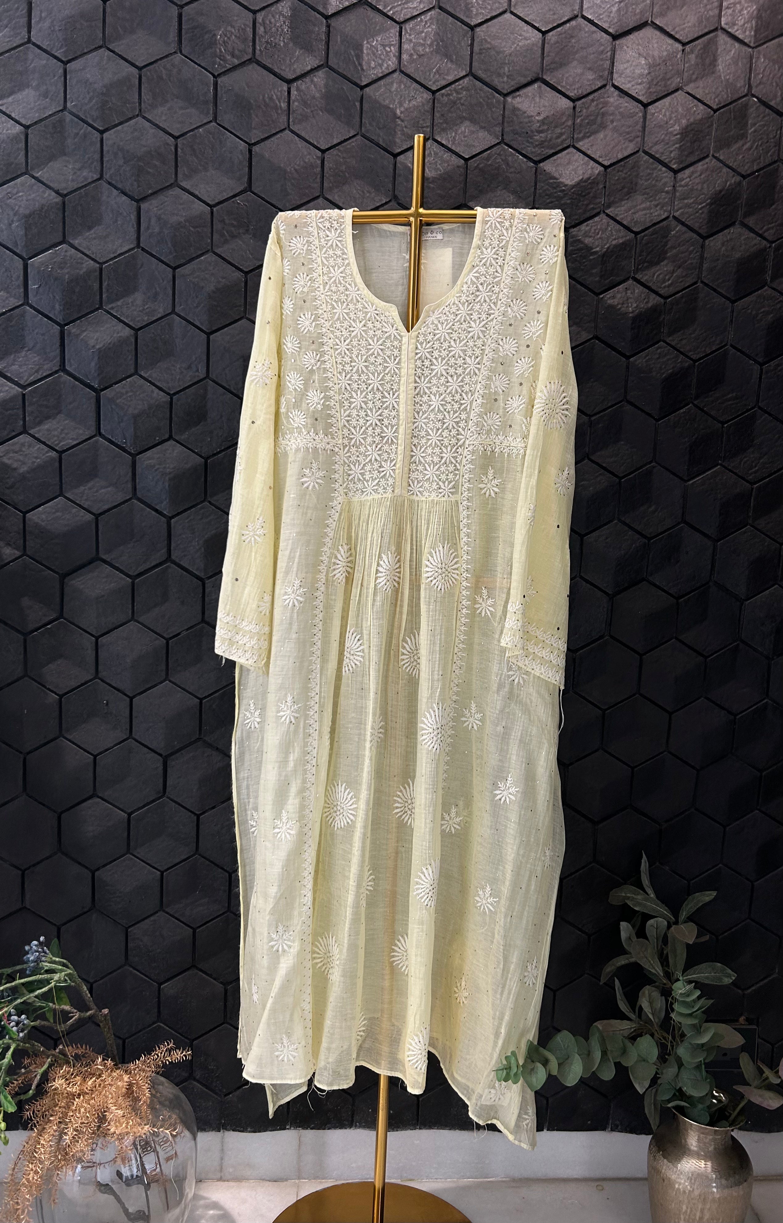 LEMON MUL CHANDERI AND MUKAISH  CHIKANKARI KURTI