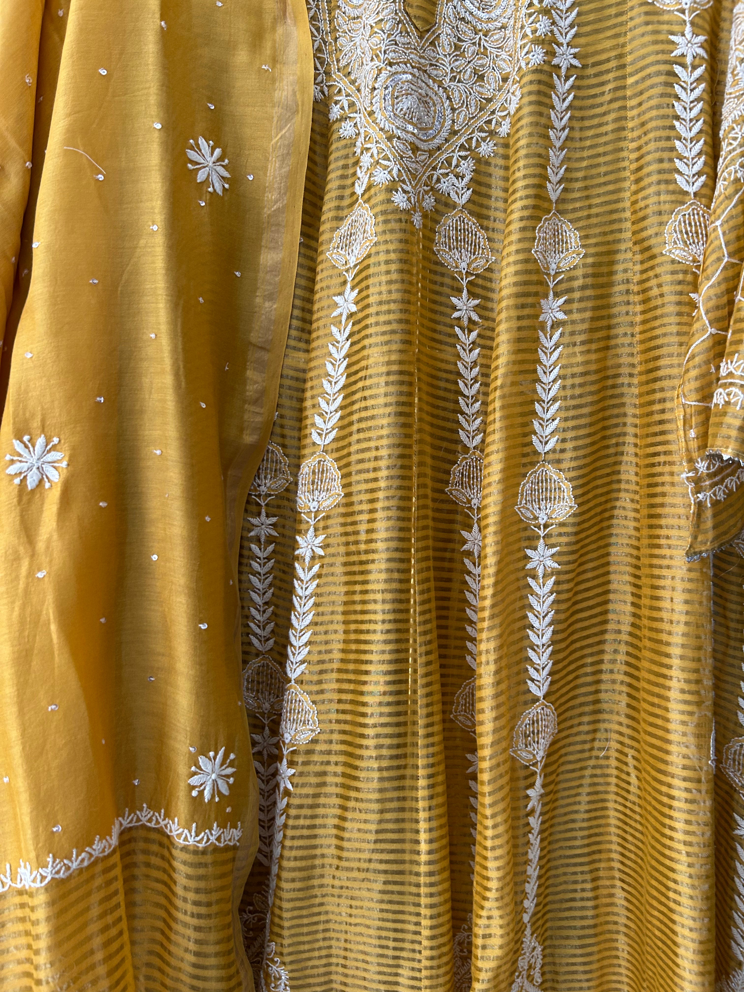 Mustard Striped Tissue Chikankari Anarkali Set