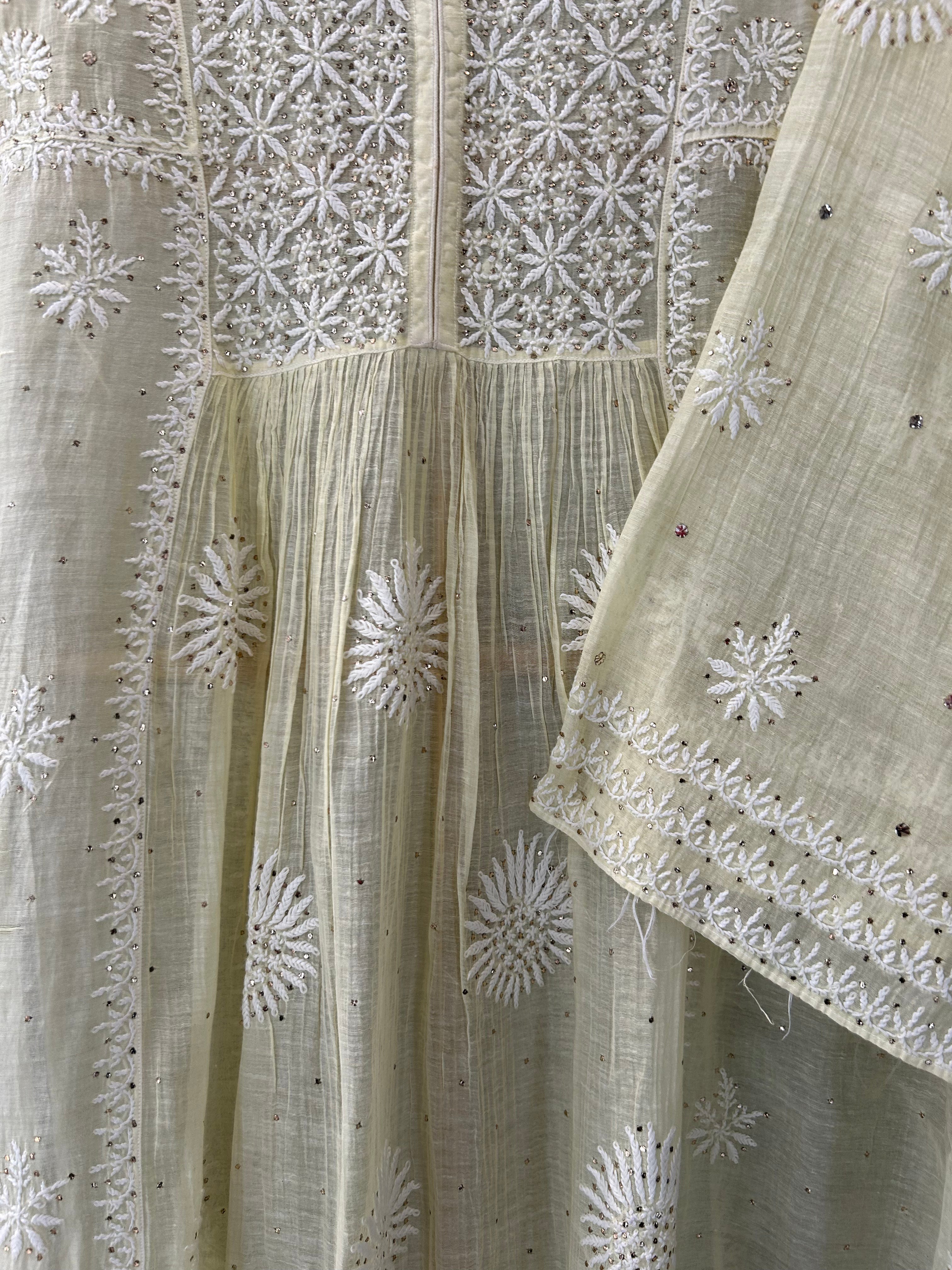 LEMON MUL CHANDERI AND MUKAISH  CHIKANKARI KURTI