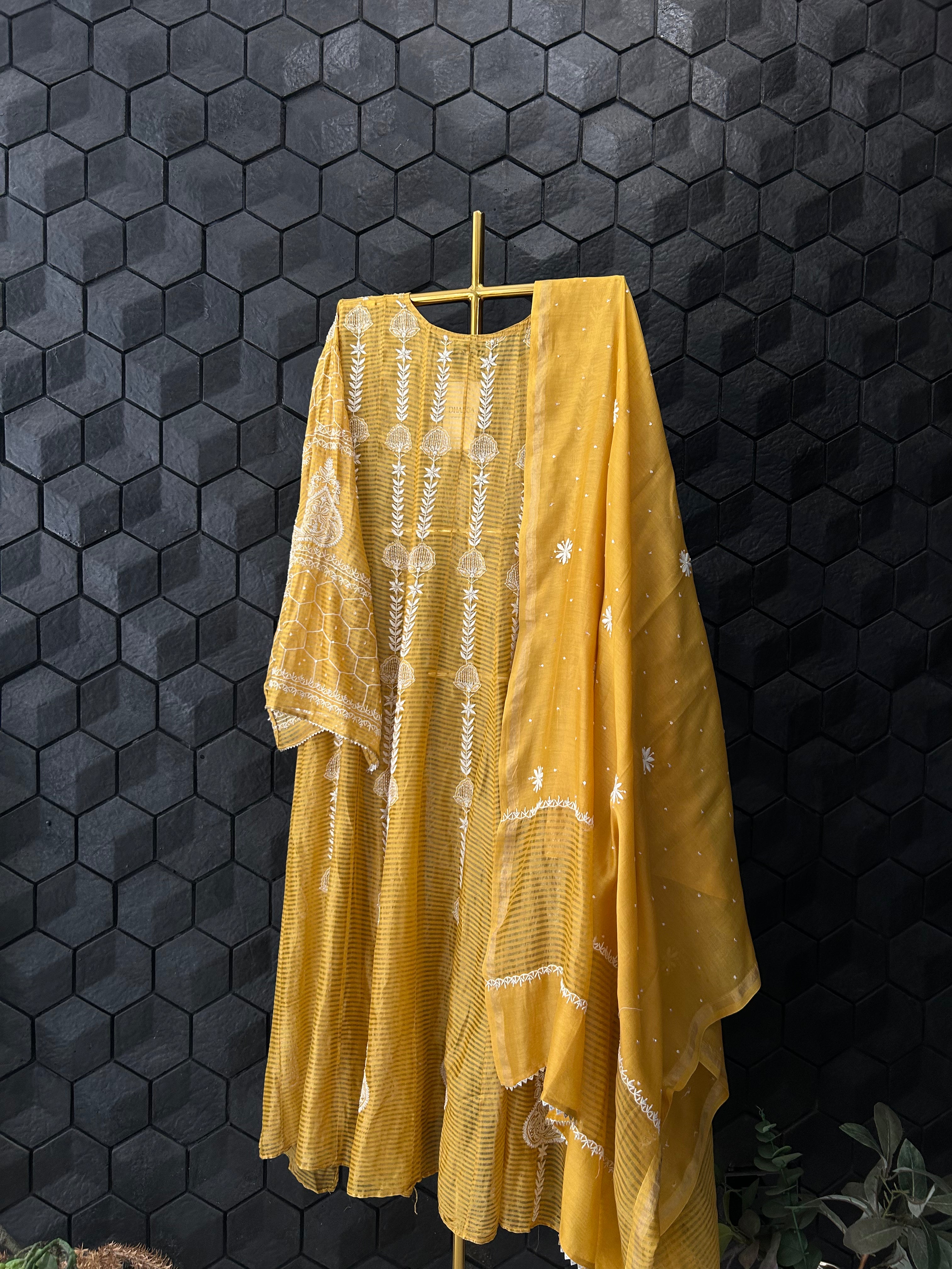 Mustard Striped Tissue Chikankari Anarkali Set