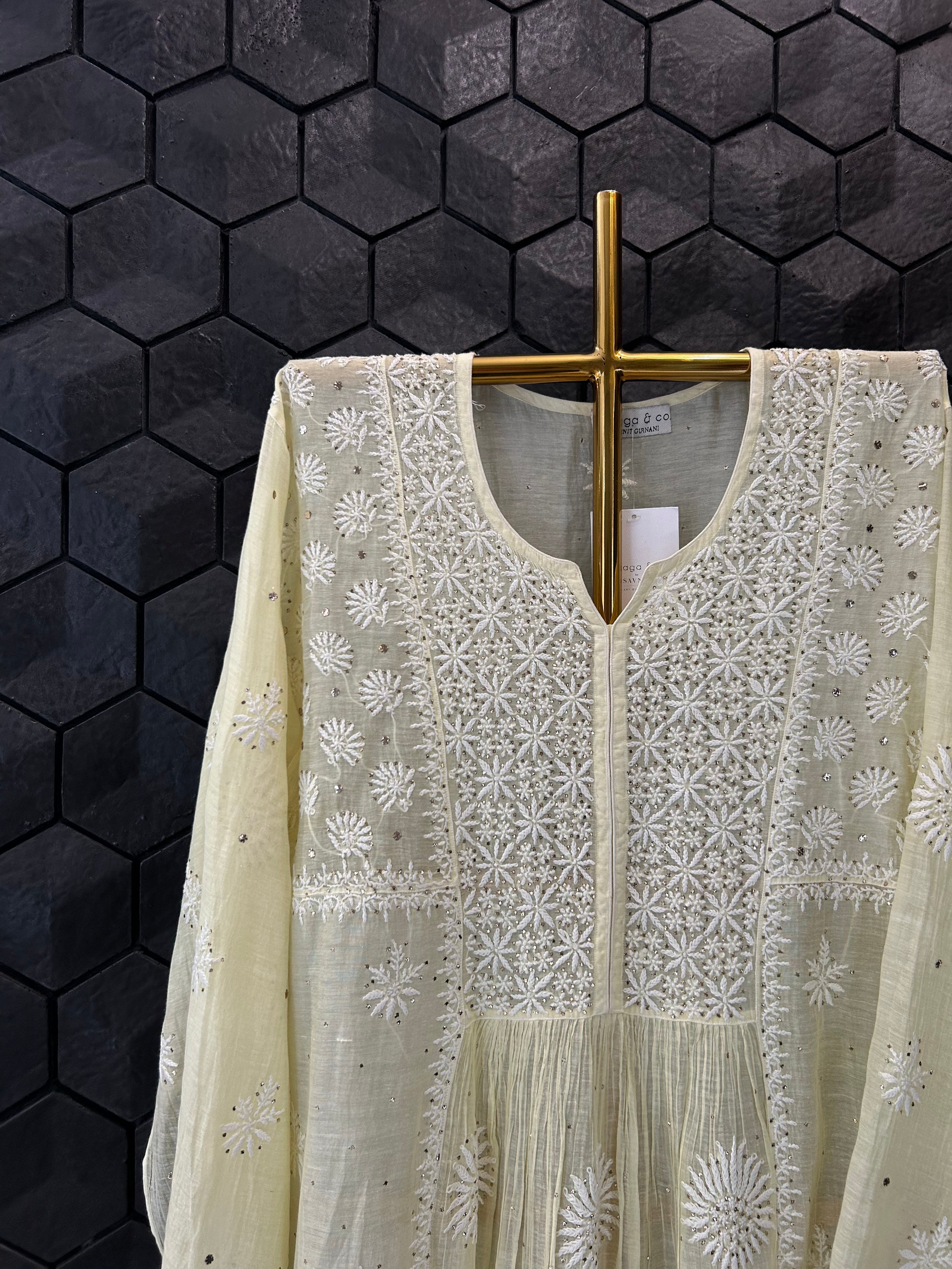 LEMON MUL CHANDERI AND MUKAISH  CHIKANKARI KURTI