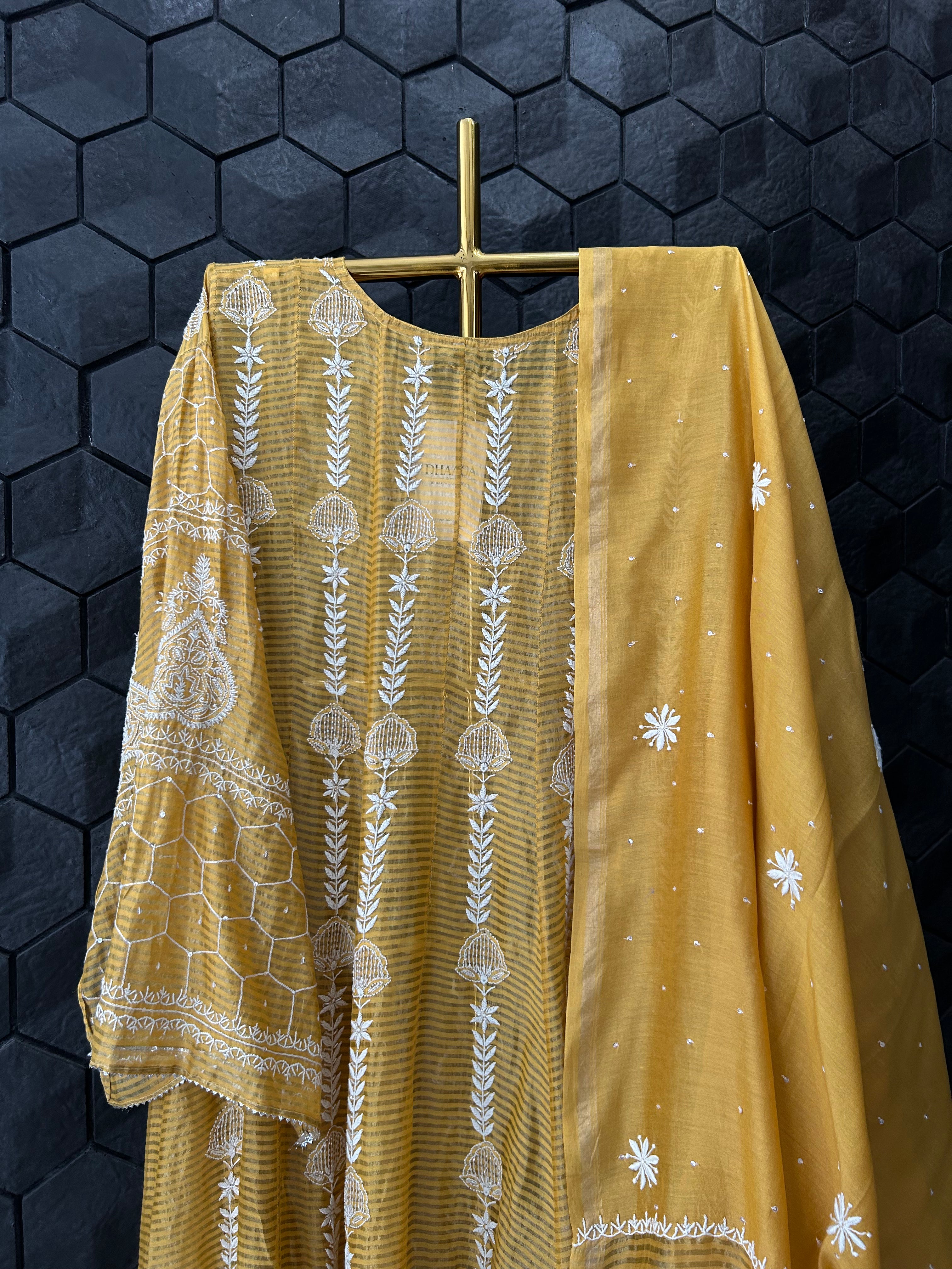 Mustard Striped Tissue Chikankari Anarkali Set