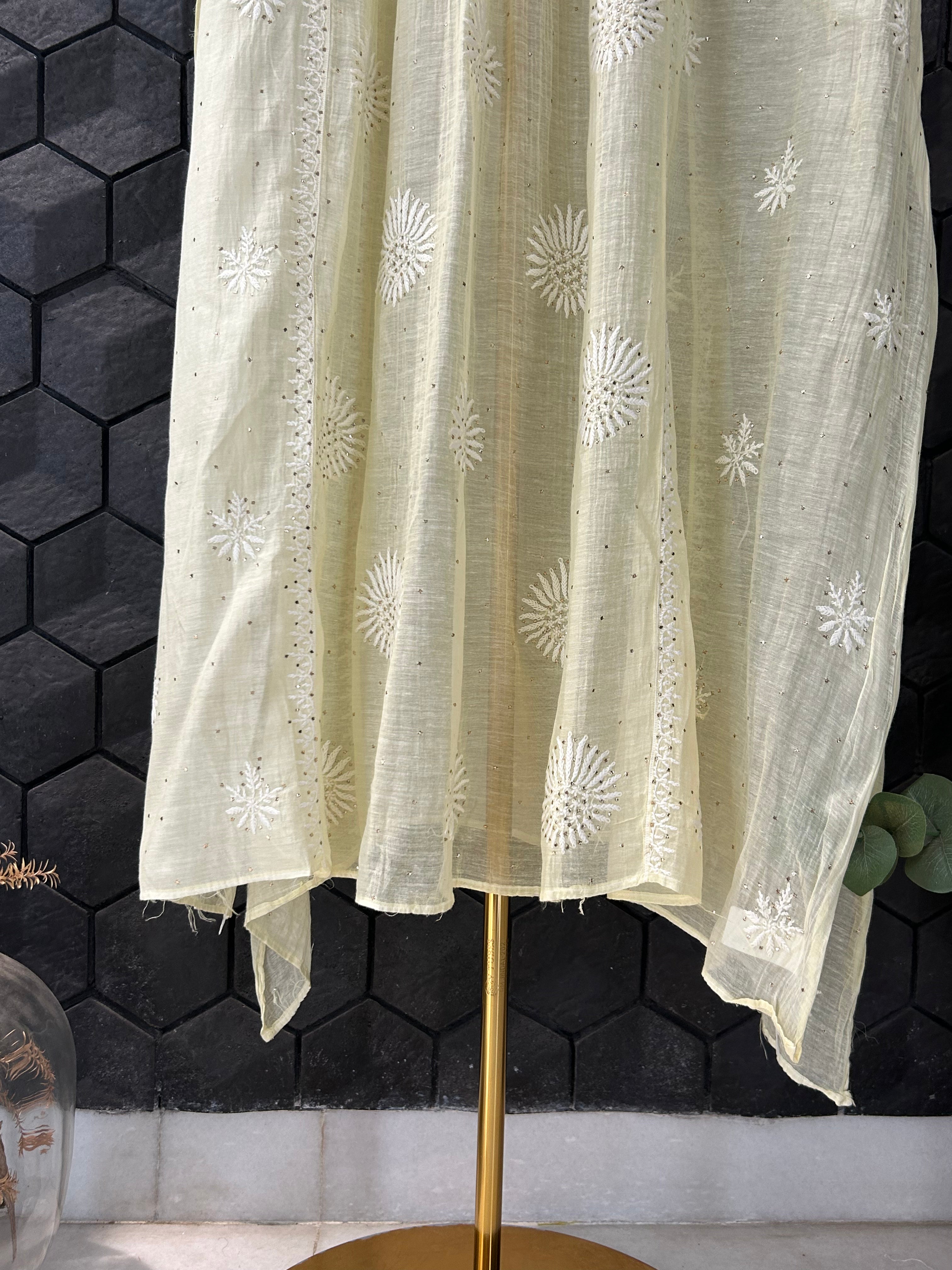 LEMON MUL CHANDERI AND MUKAISH  CHIKANKARI KURTI