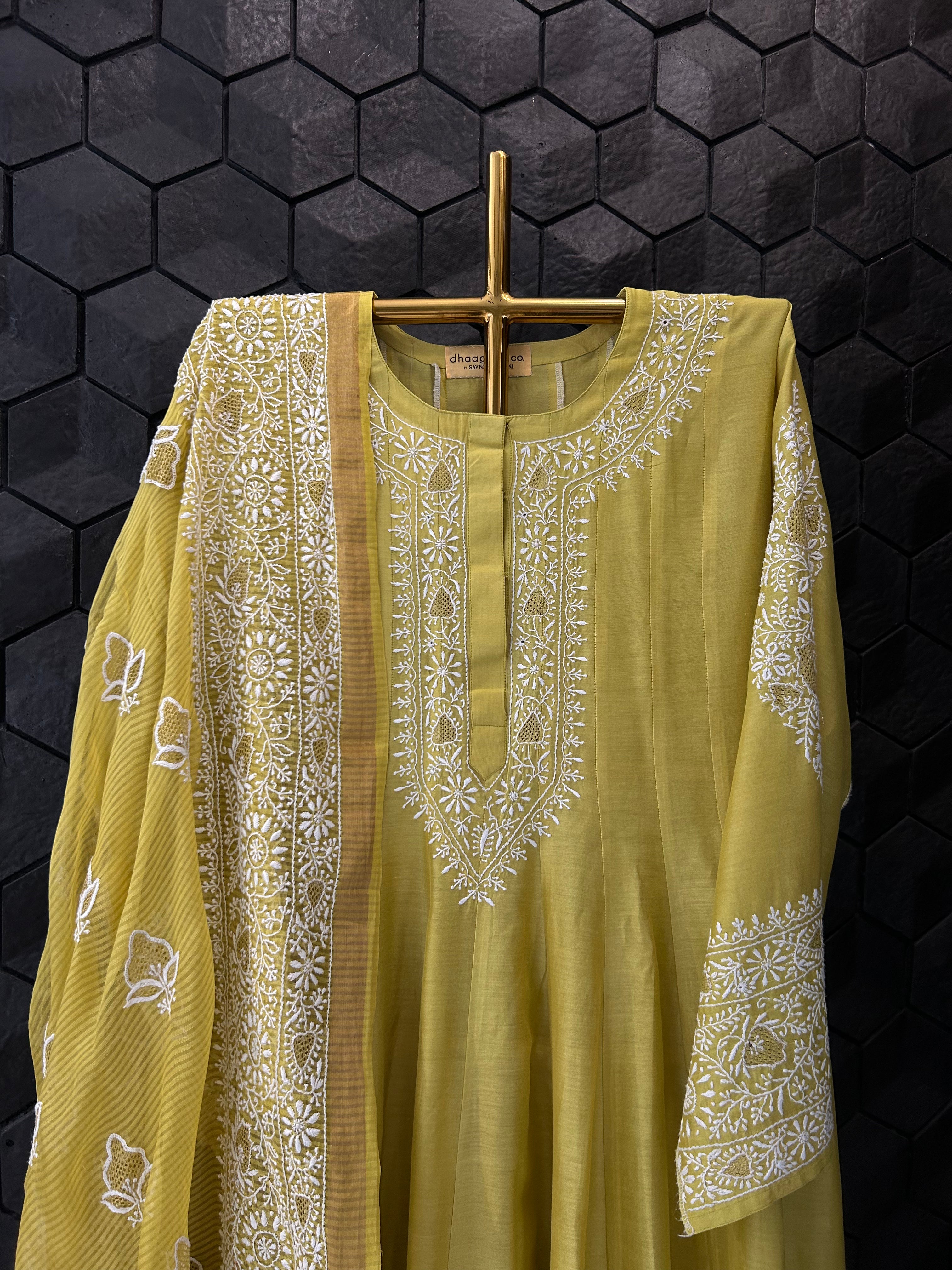 LIME GREEN CHANDERI CHIKANKARI SHORT ANARKALI SET