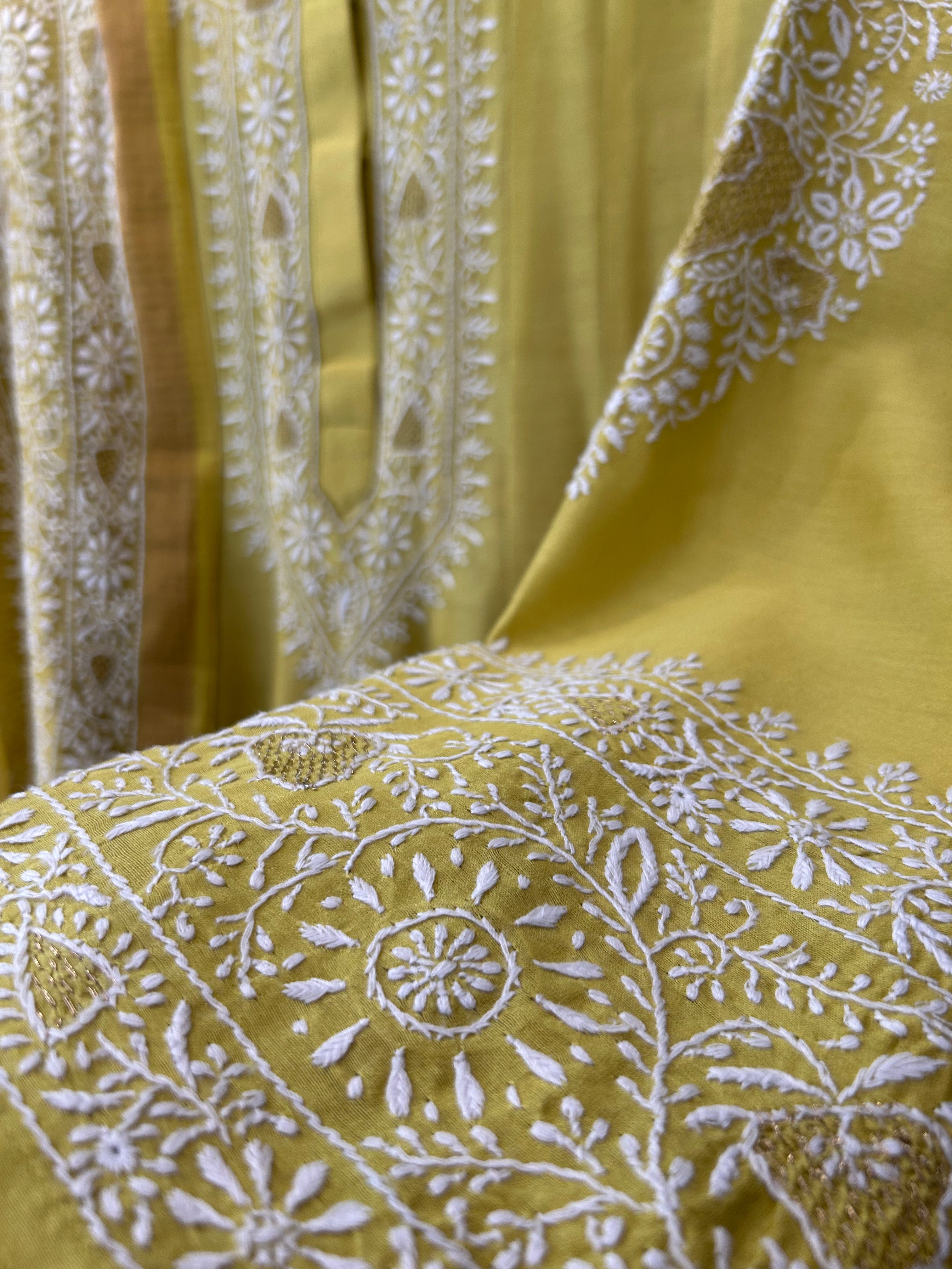 LIME GREEN CHANDERI CHIKANKARI SHORT ANARKALI SET