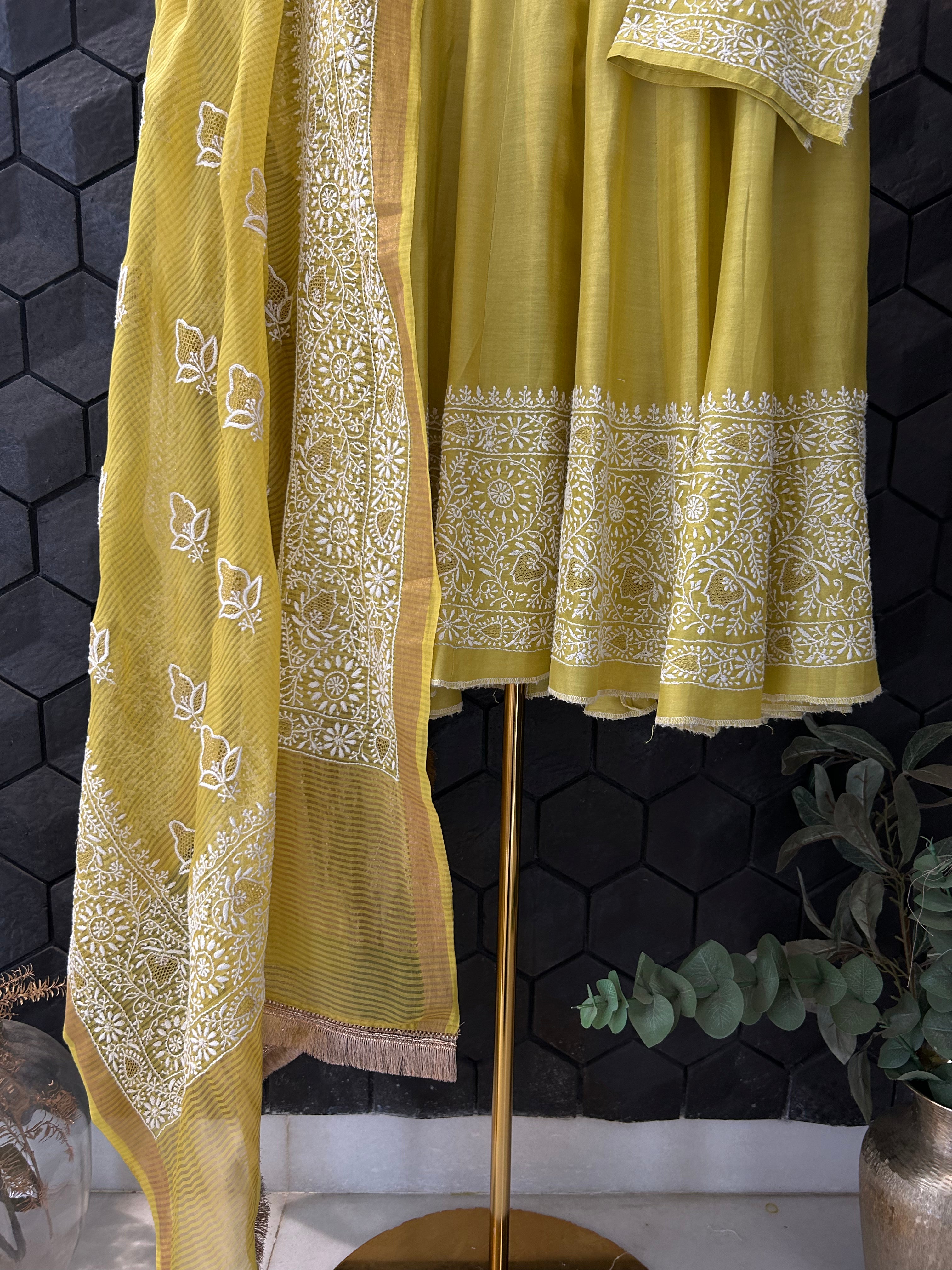 LIME GREEN CHANDERI CHIKANKARI SHORT ANARKALI SET