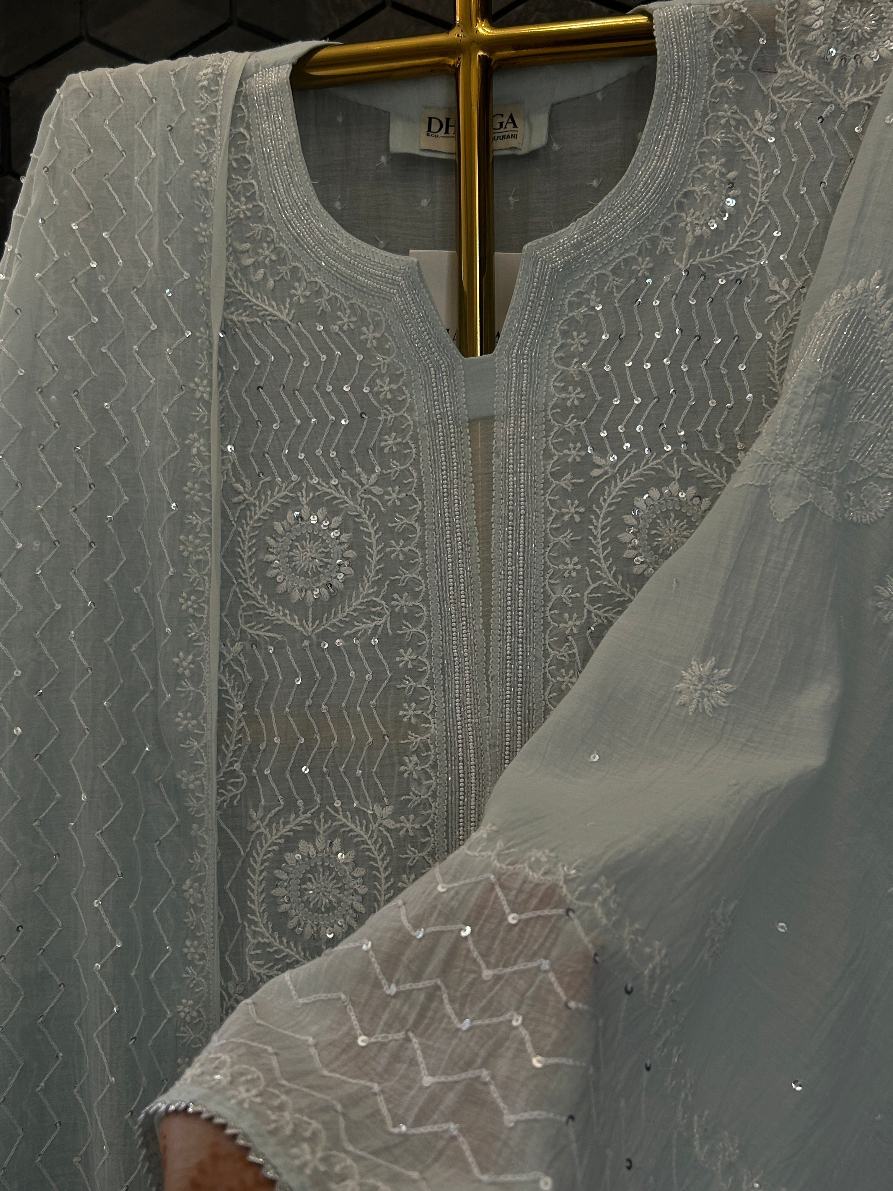 Blue Mul Chanderi Chikankari Kurta Set